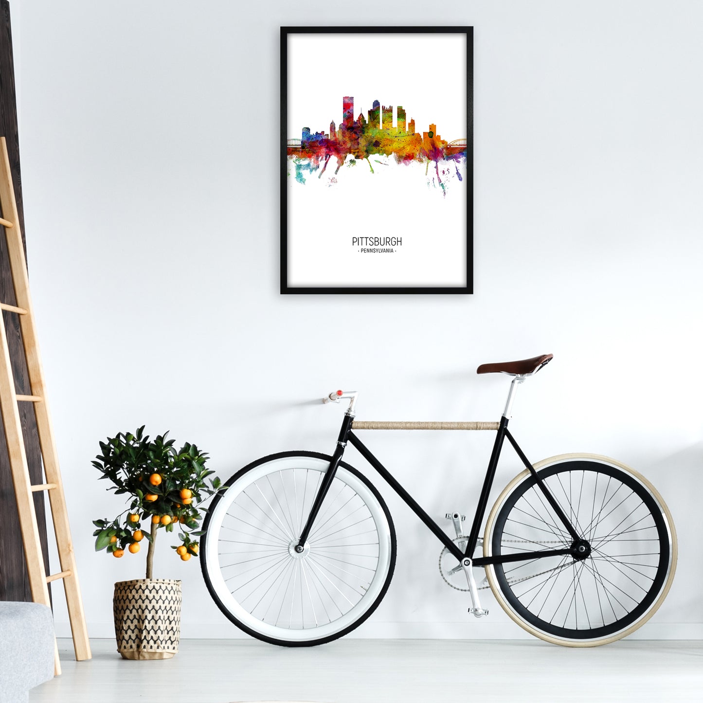 Pittsburgh Pennsylvania Skyline Portrait Art Print by Michael Tompsett A1 White Frame