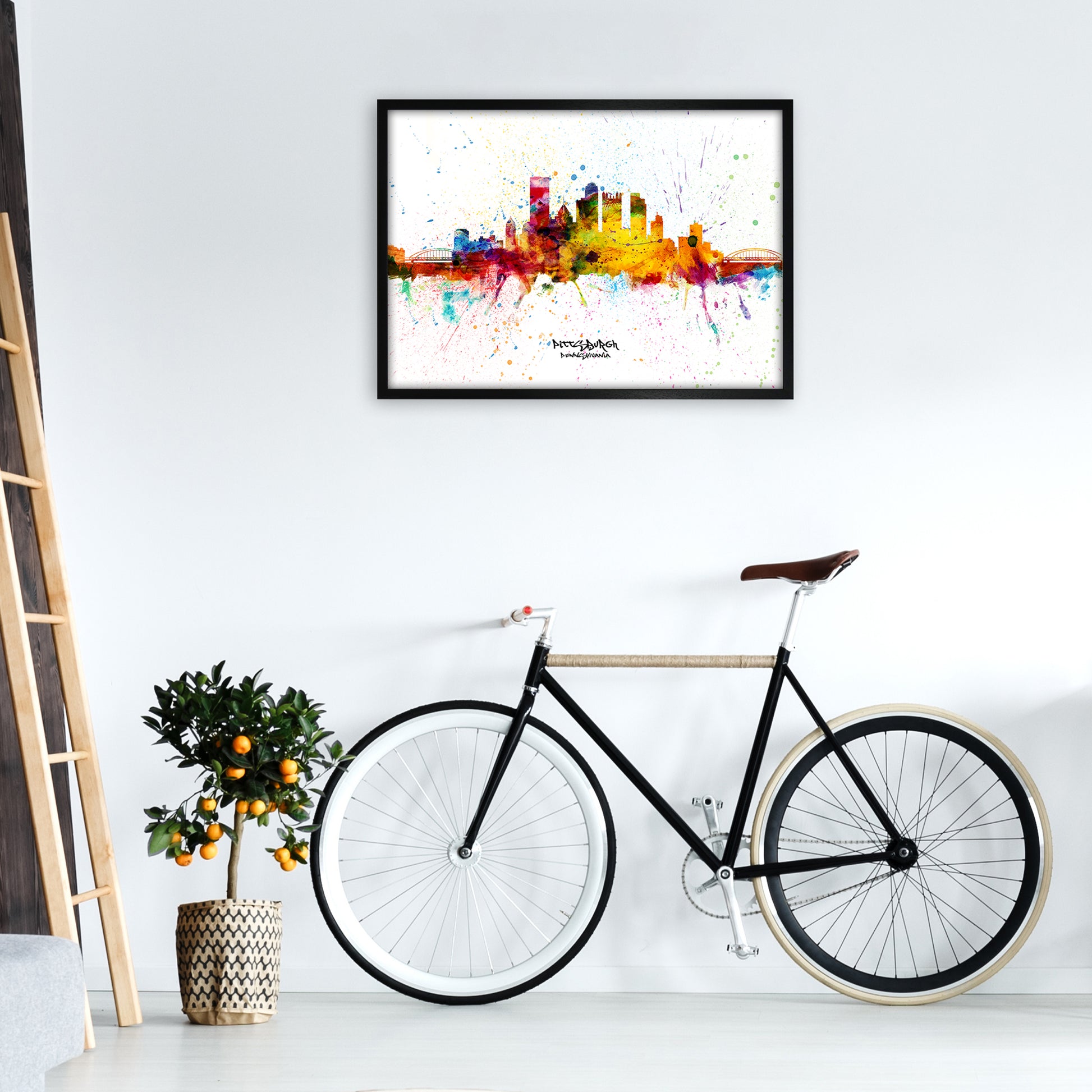 Pittsburgh Pennsylvania Skyline Splash Art Print by Michael Tompsett A1 White Frame