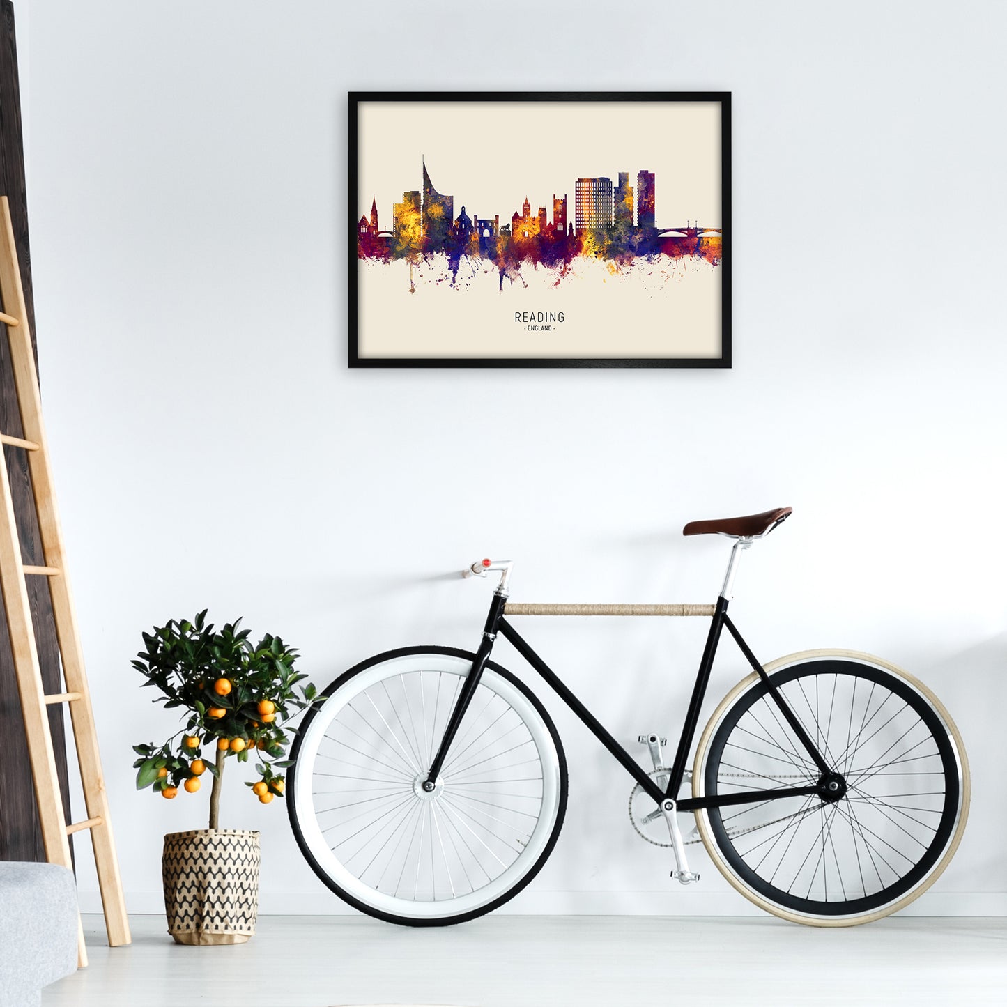 Reading England Skyline Autumn City Name Art Print by Michael Tompsett A1 White Frame