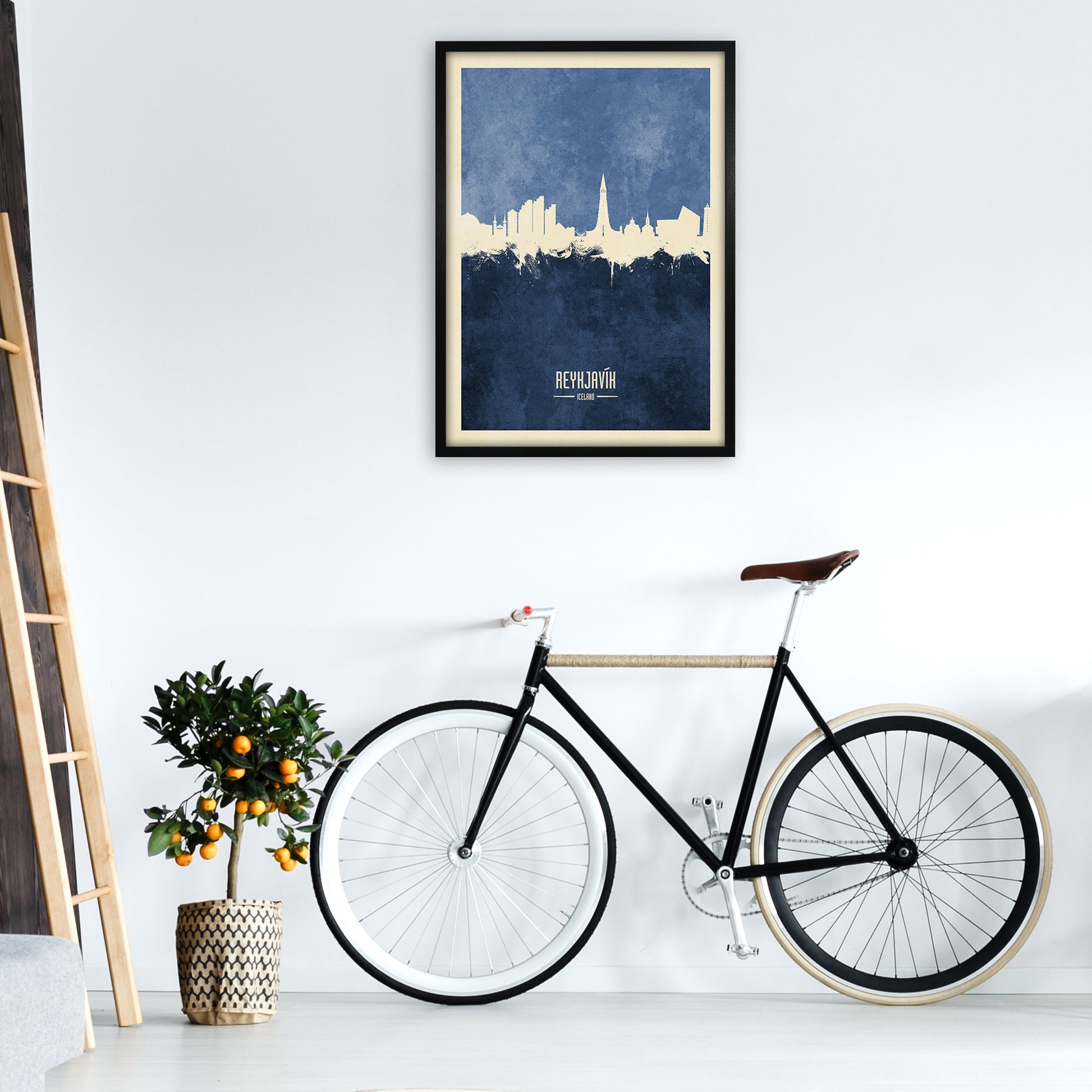 Reykjavik Iceland Skyline Portrait Navy Art Print by Michael Tompsett A1 White Frame