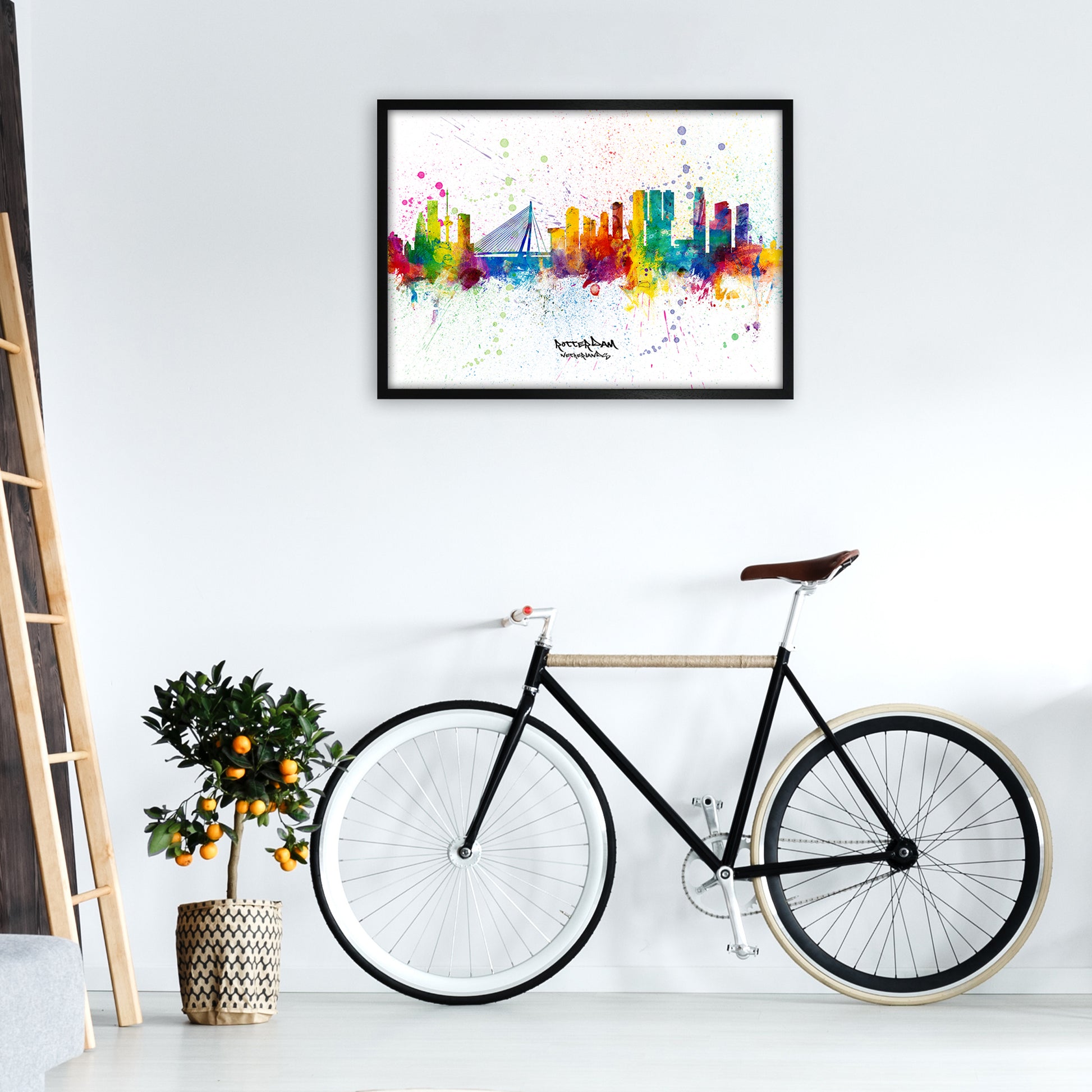 Rotterdam Netherlands Skyline Splash Art Print by Michael Tompsett A1 White Frame