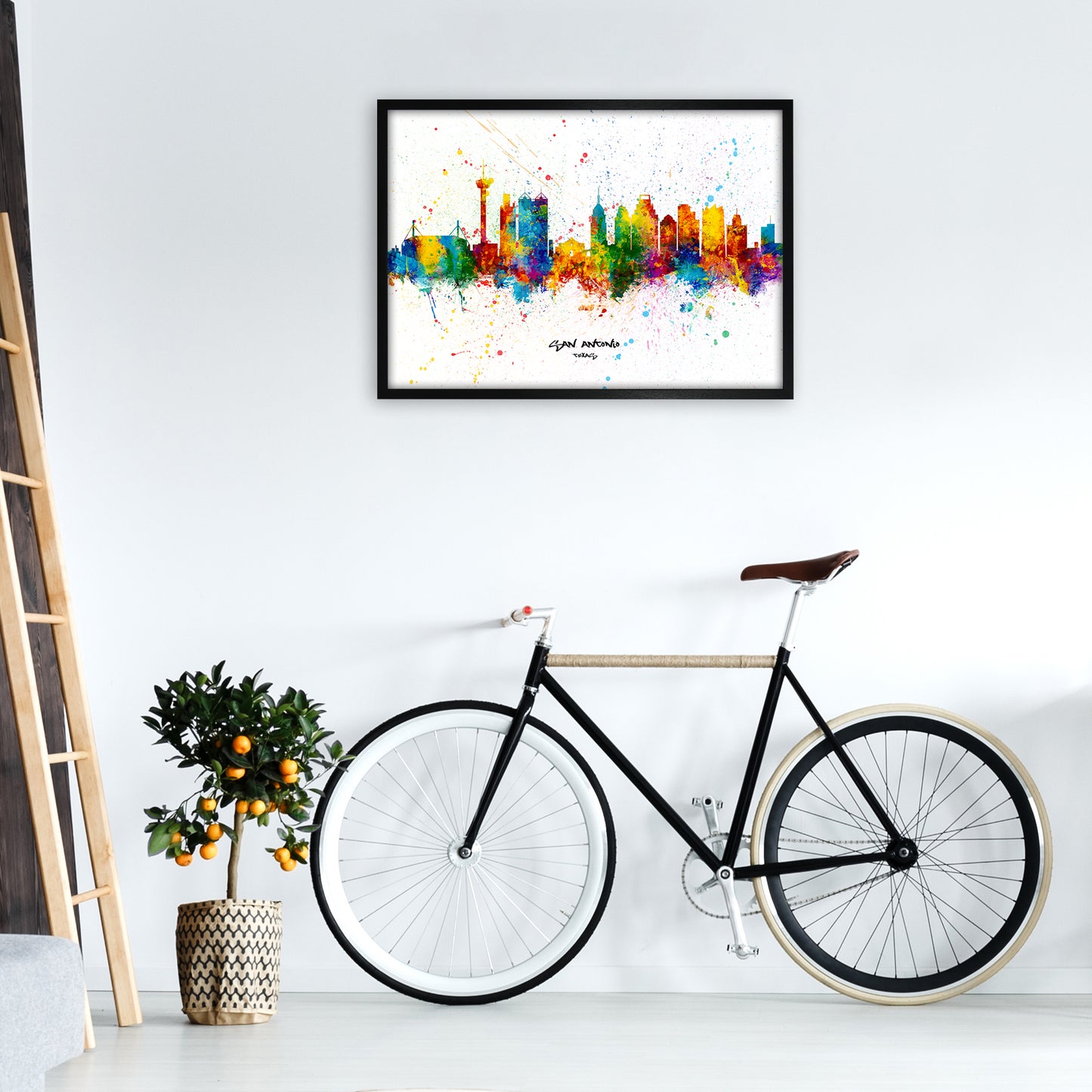 San Antonio Texas Skyline Splash Art Print by Michael Tompsett A1 White Frame