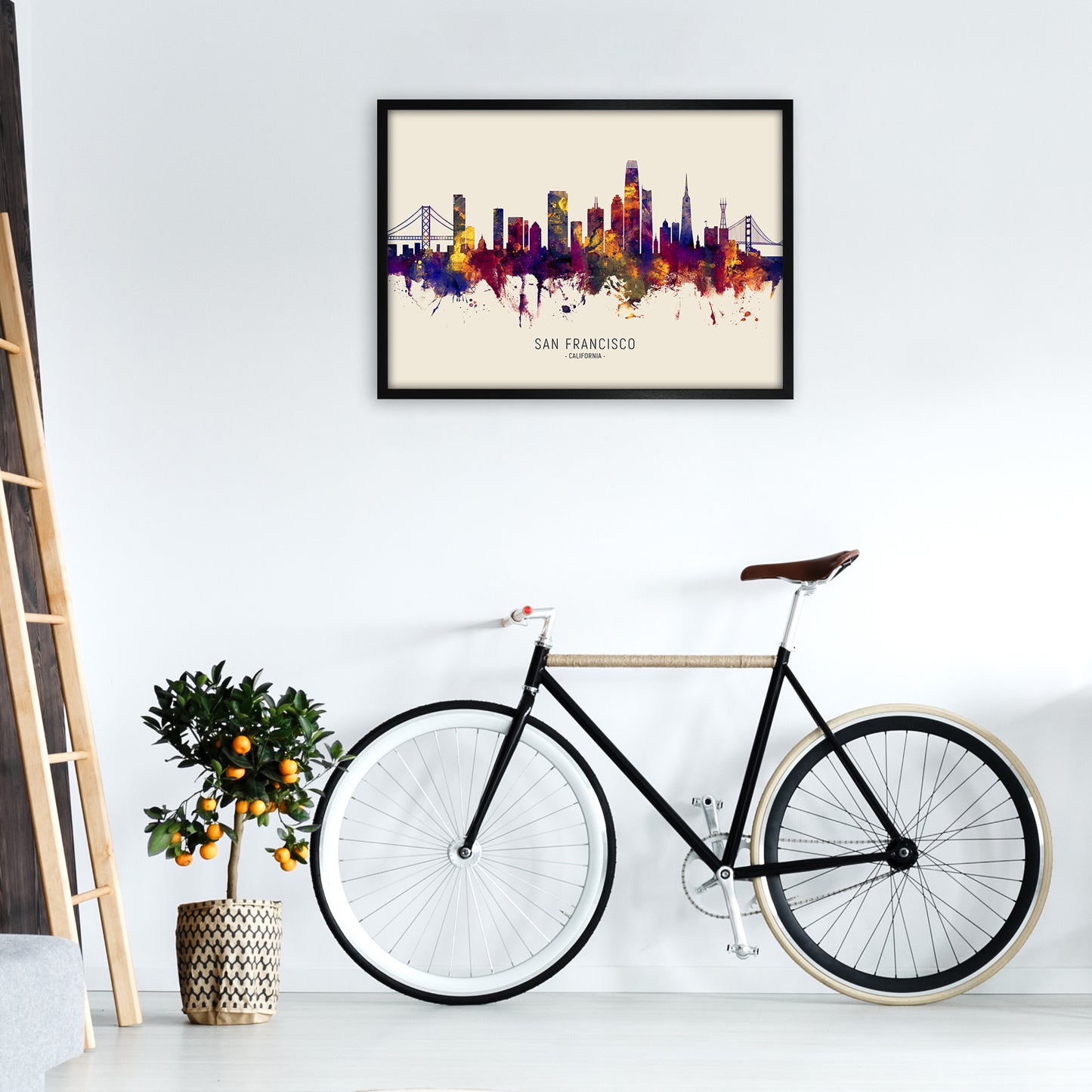 San Francisco California Skyline Autumn City Name Art Print by Michael Tompsett A1 White Frame
