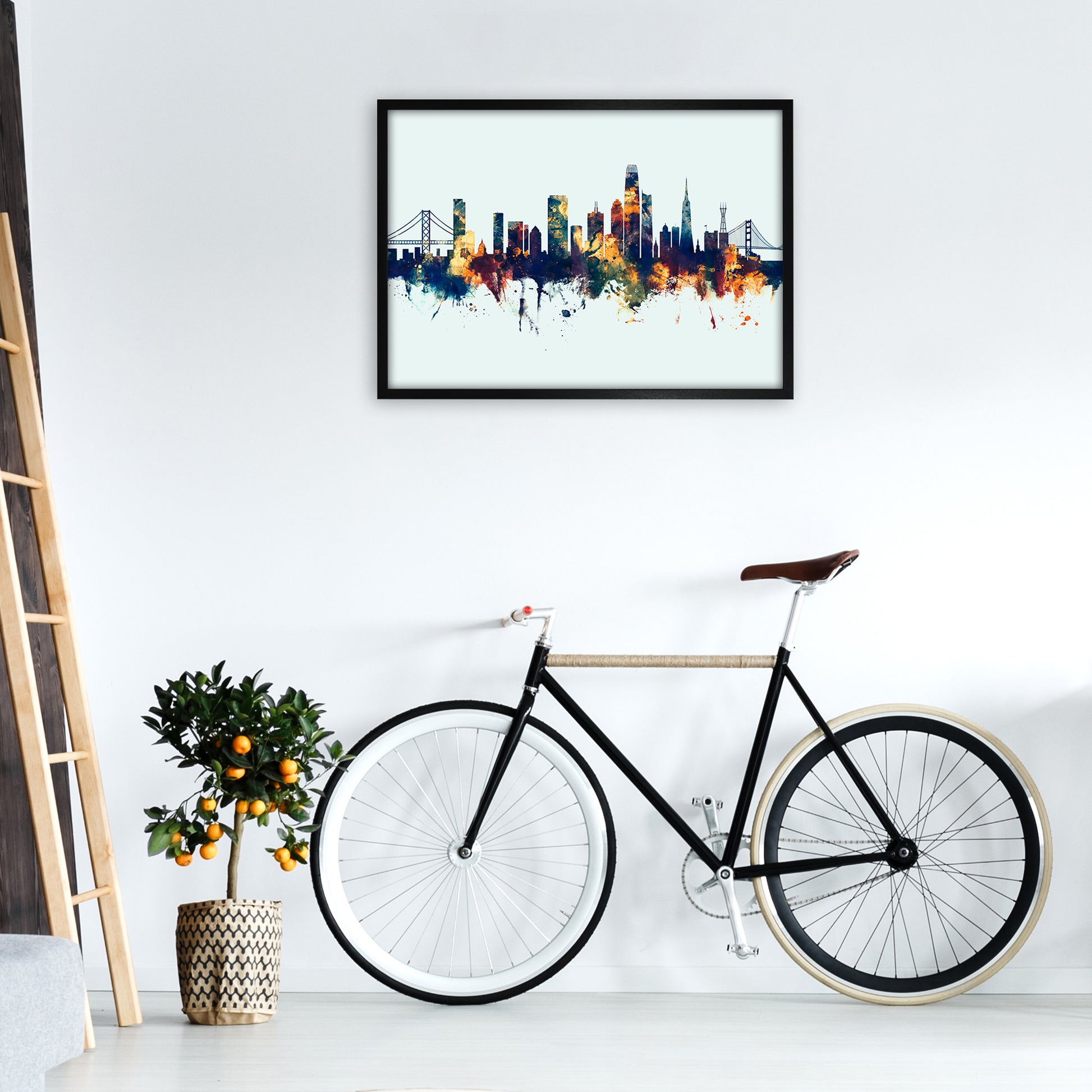San Francisco California Skyline Blue Orange Art Print by Michael Tompsett A1 White Frame