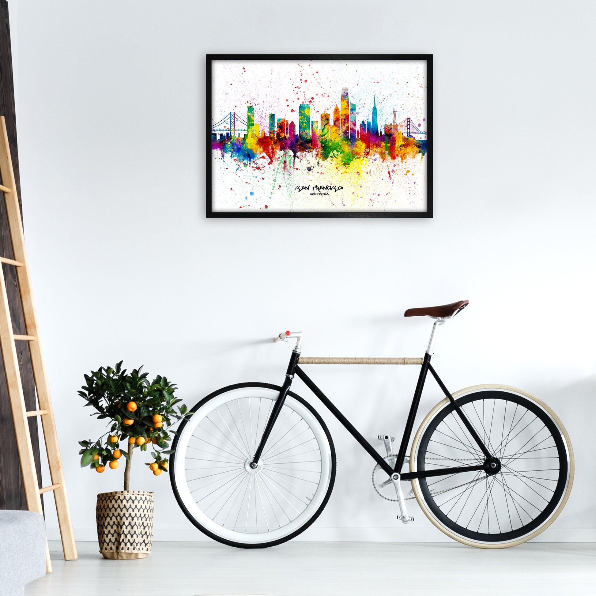 San Francisco California Skyline Splash Art Print by Michael Tompsett A1 White Frame
