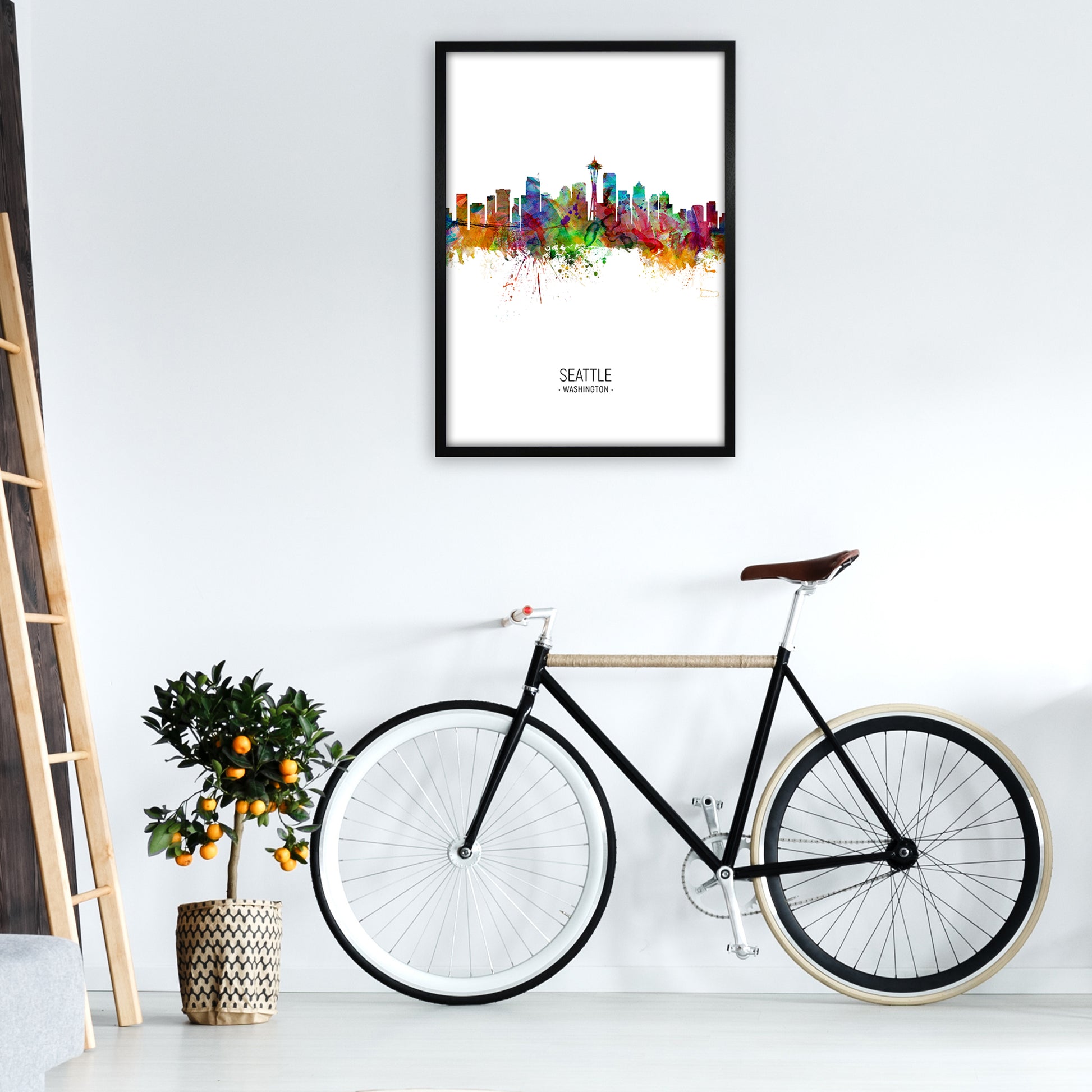 Seattle Washington Skyline Portrait Art Print by Michael Tompsett A1 White Frame