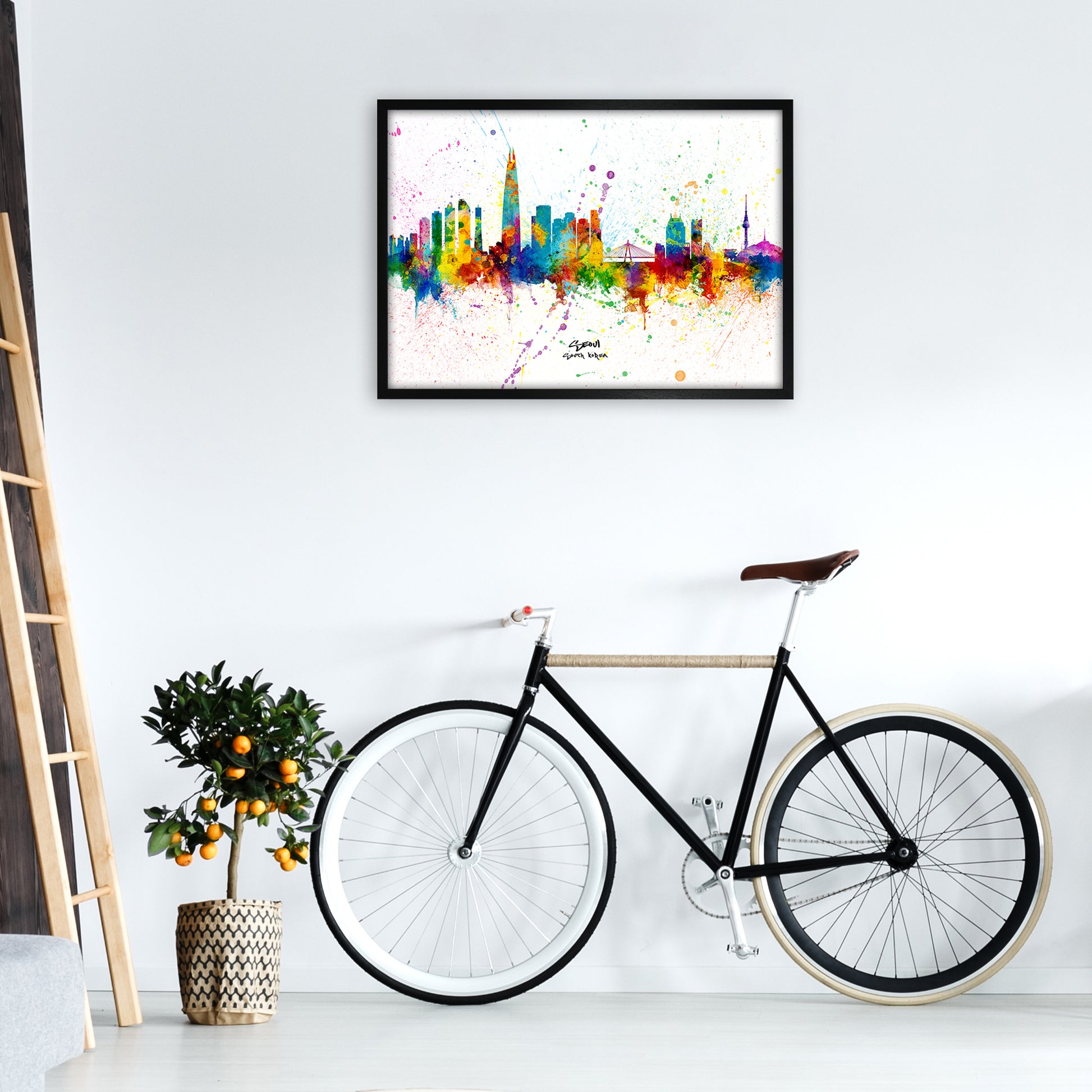 Seoul South Korea Skyline Splash Art Print by Michael Tompsett A1 White Frame