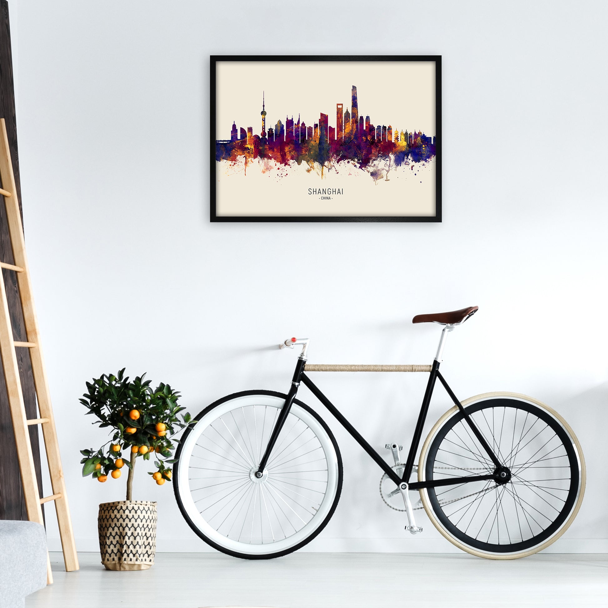Shanghai China Skyline Autumn City Name Art Print by Michael Tompsett A1 White Frame