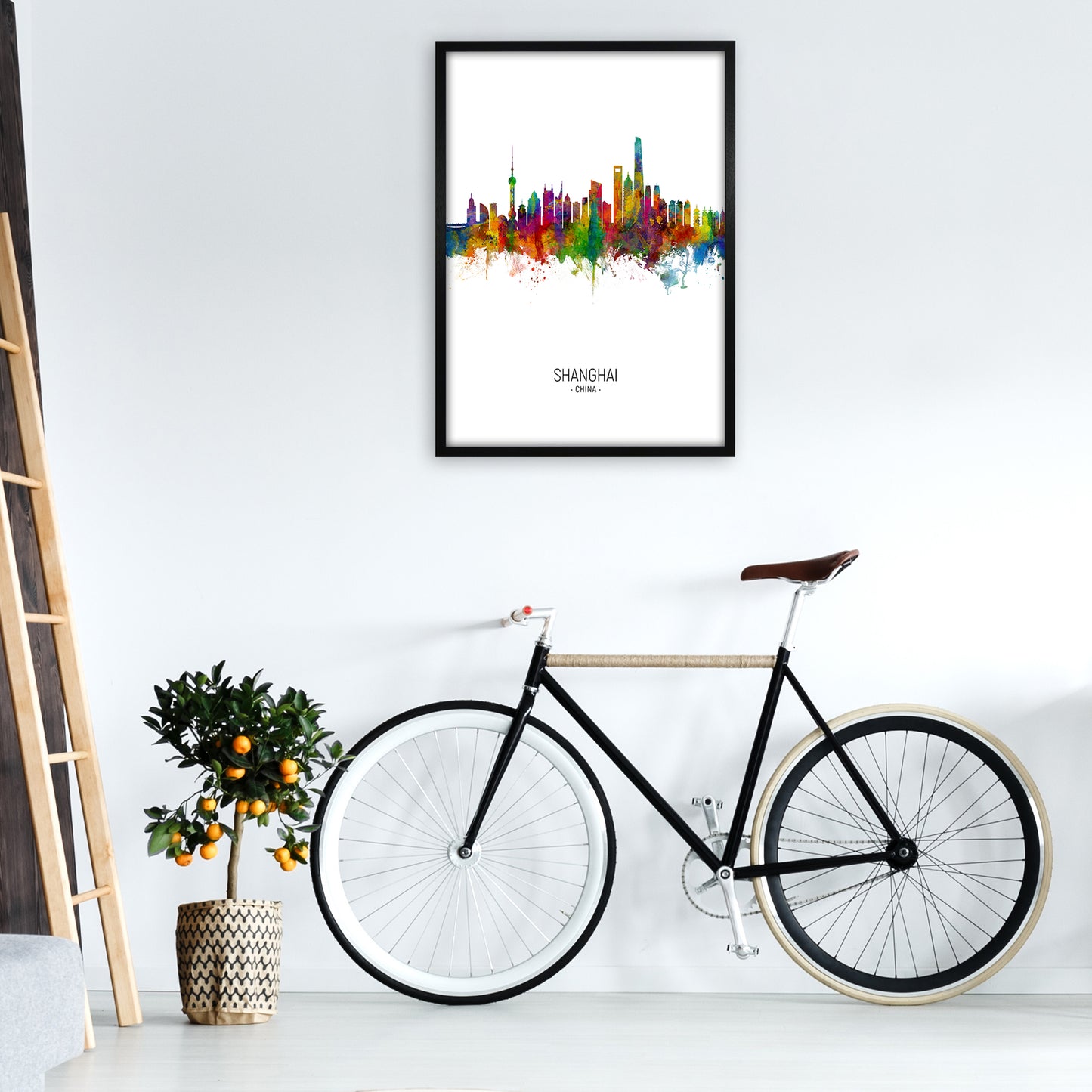 Shanghai China Skyline Portrait Art Print by Michael Tompsett A1 White Frame