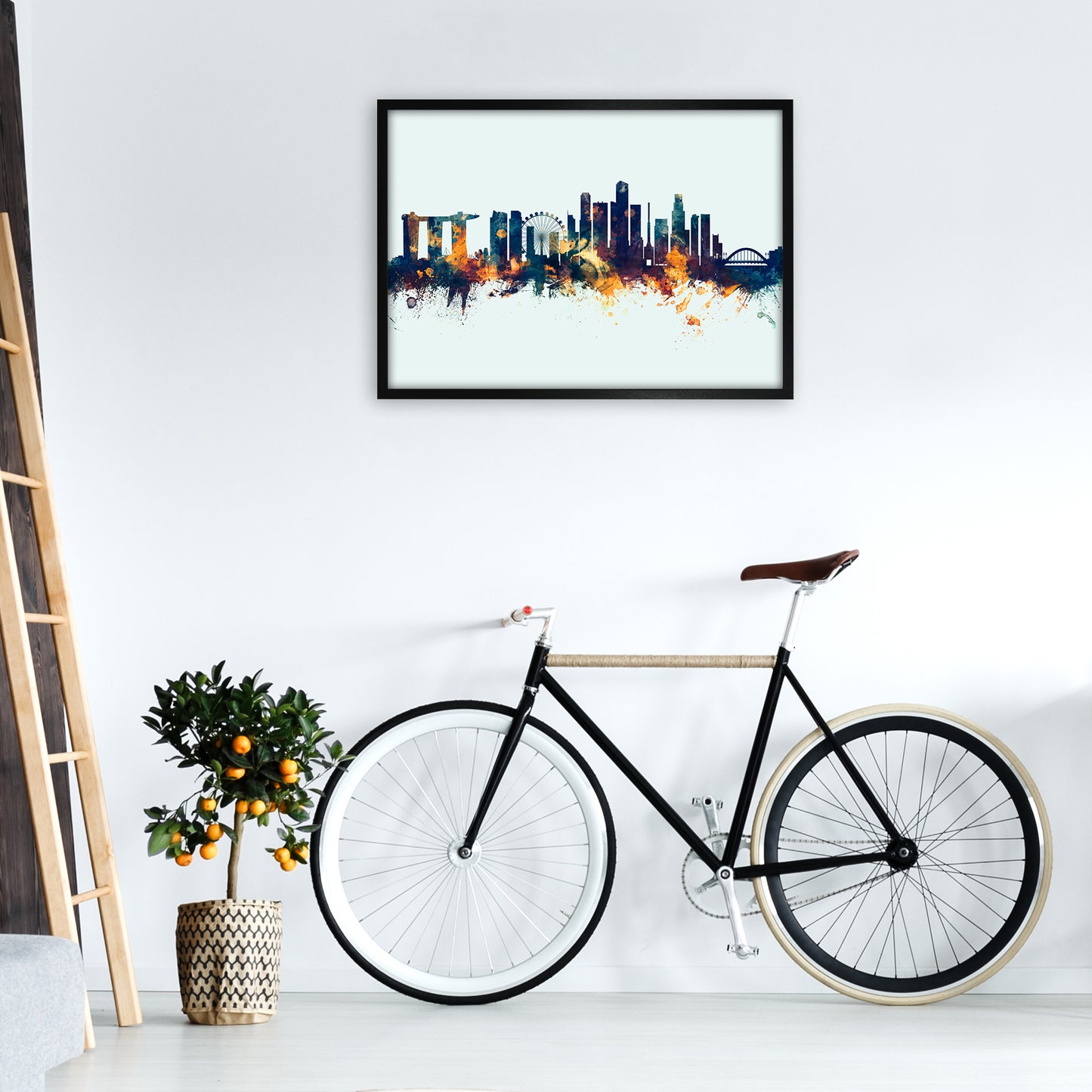 Singapore Singapore Skyline Blue Orange Art Print by Michael Tompsett A1 White Frame