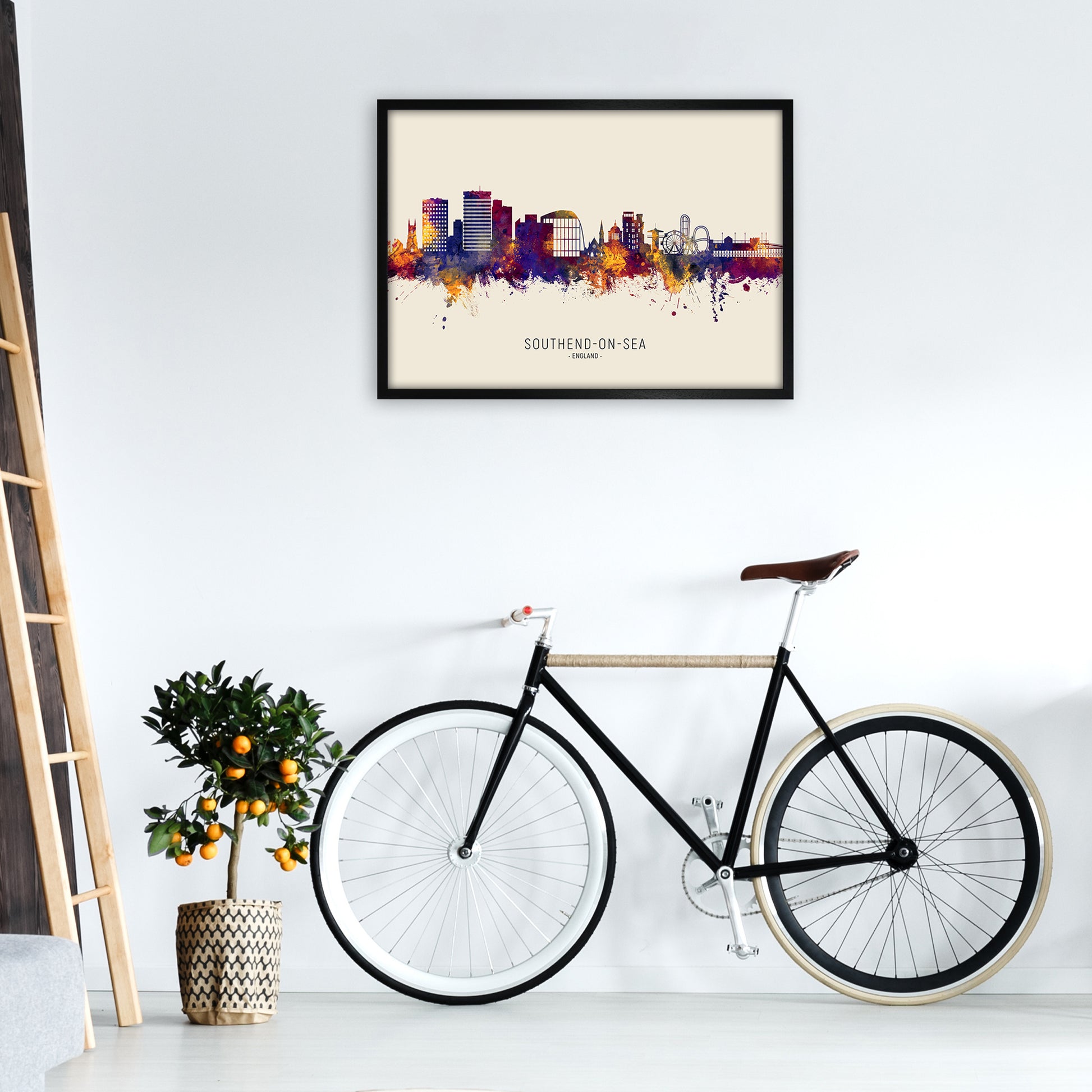 Southend-On-Sea England Skyline Autumn City Name Art Print by Michael Tompsett A1 White Frame