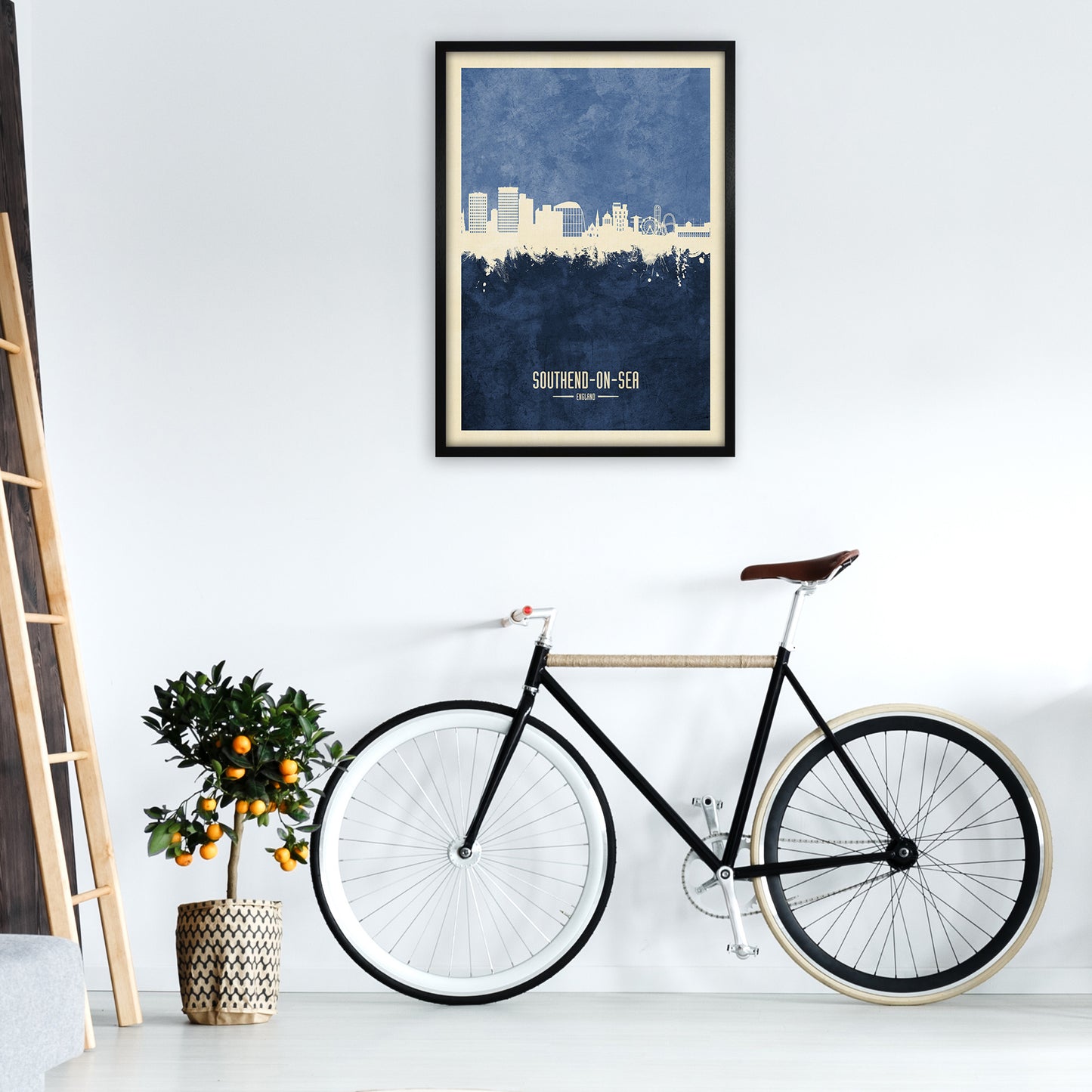 Southend-On-Sea England Skyline Portrait Navy Art Print by Michael Tompsett A1 White Frame