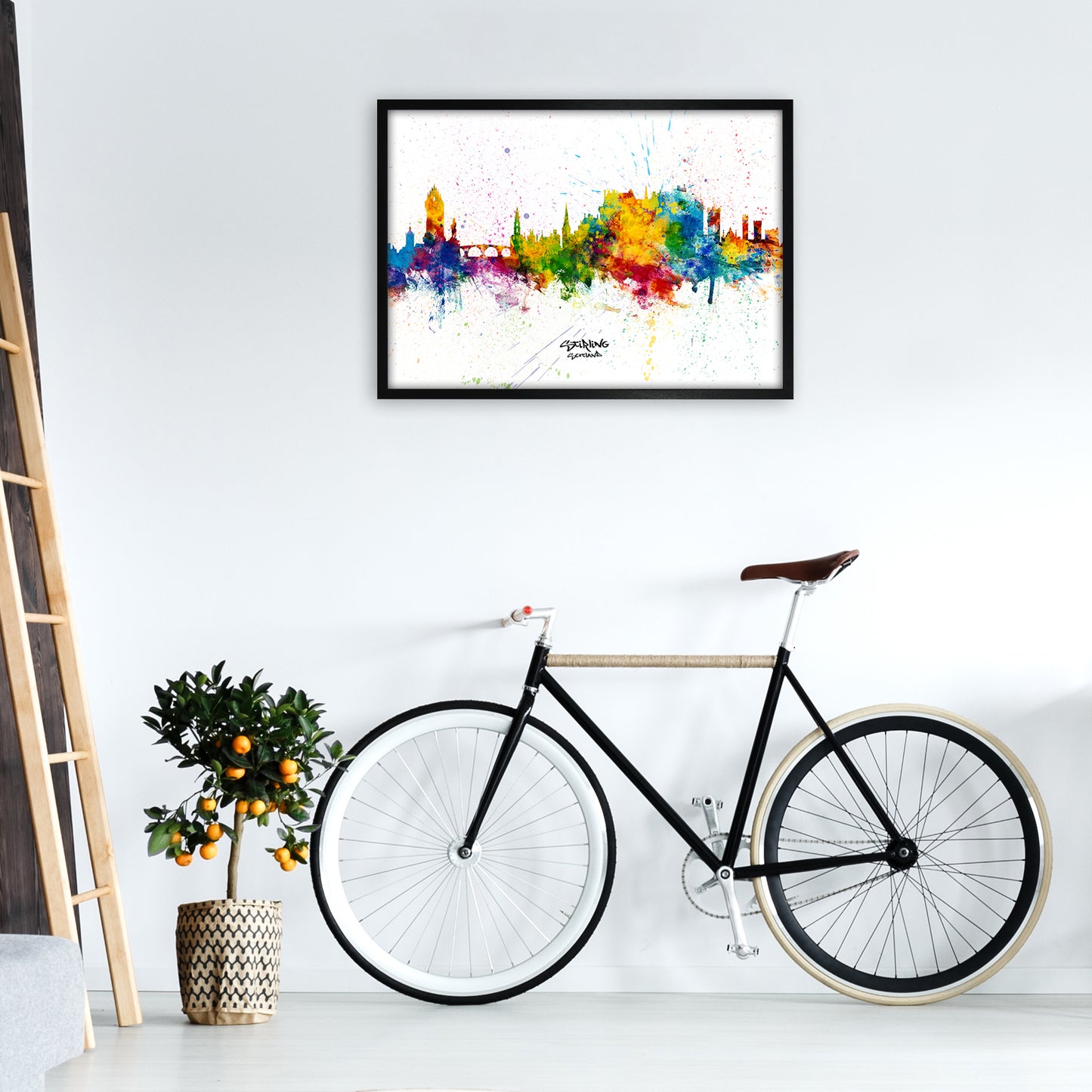 Stirling Scotland Skyline Splash Art Print by Michael Tompsett A1 White Frame