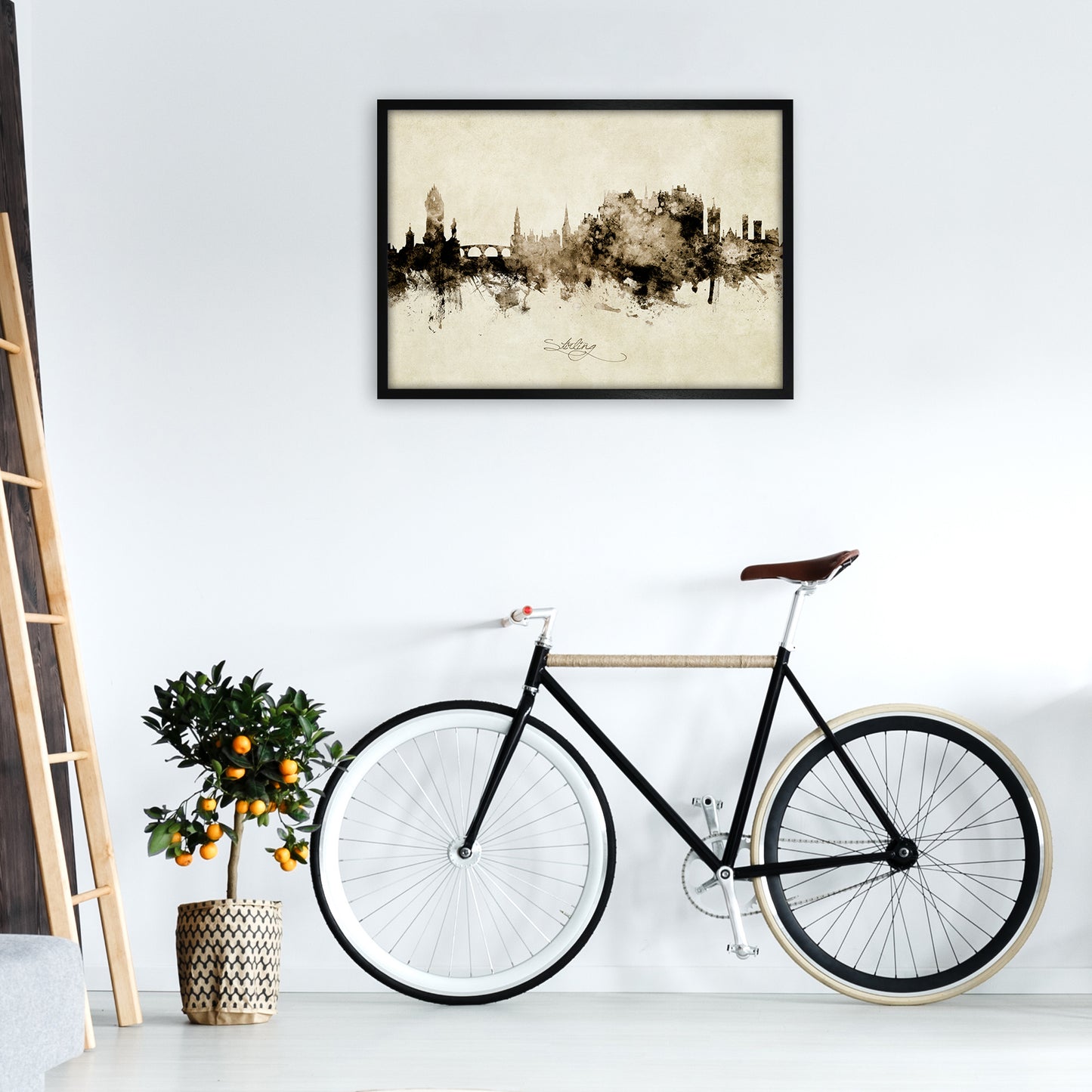 Stirling Scotland Skyline Vintage Art Print by Michael Tompsett A1 White Frame