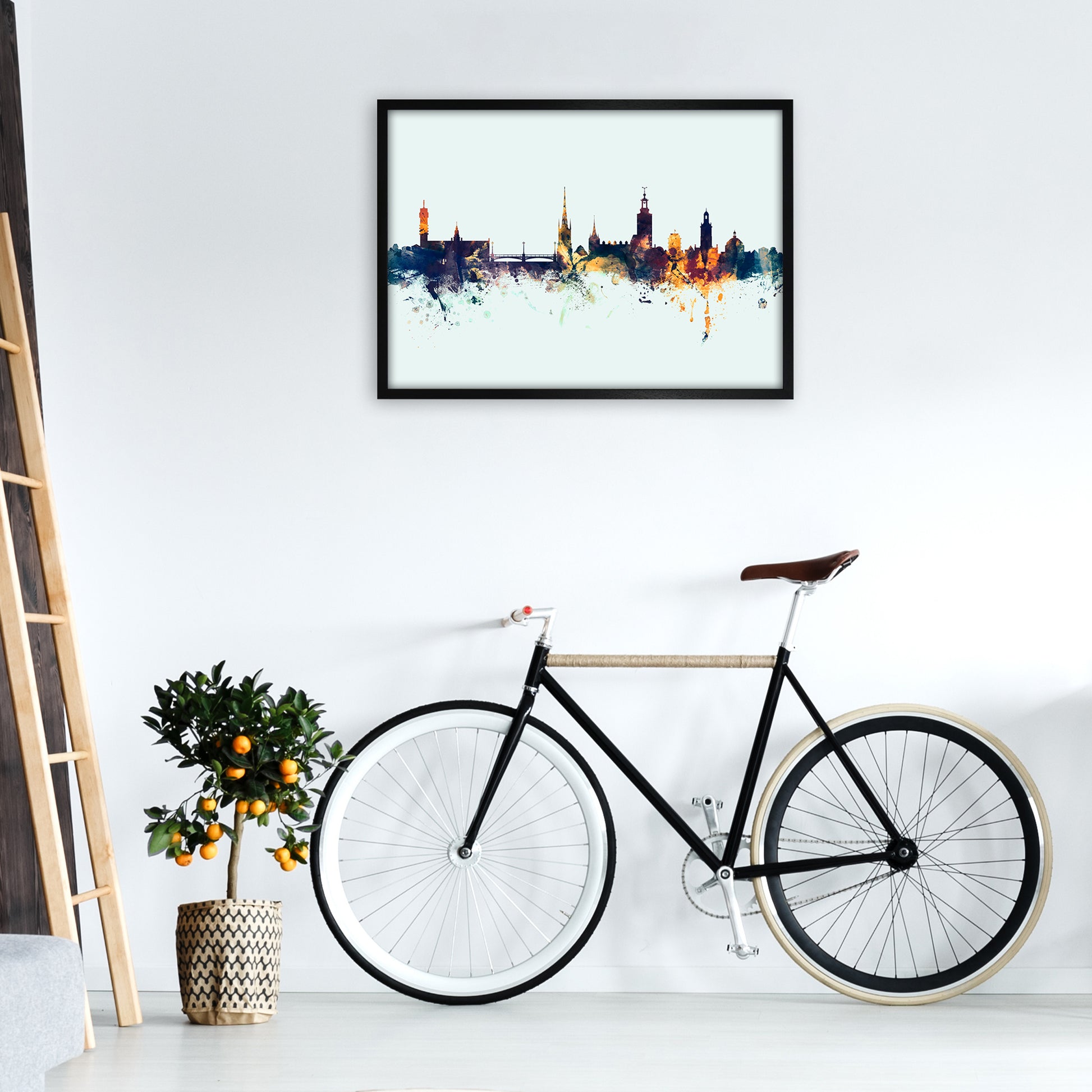 Stockholm Sweden Skyline Blue Orange Art Print by Michael Tompsett A1 White Frame