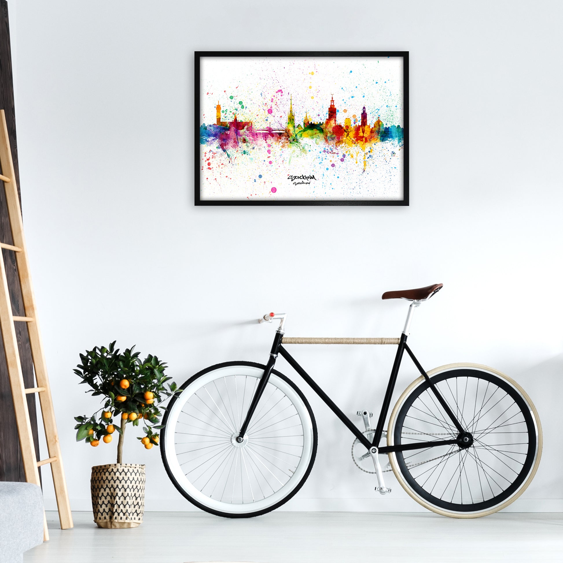 Stockholm Sweden Skyline Splash Art Print by Michael Tompsett A1 White Frame