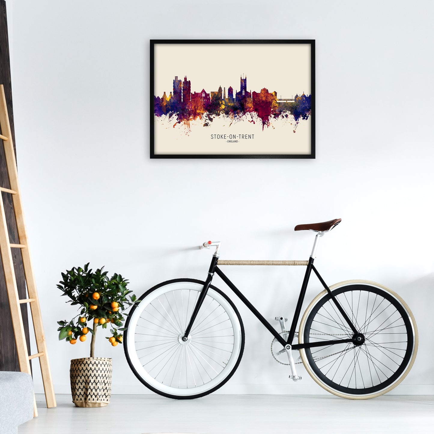 Stoke-On-Trent England Skyline Autumn City Name Art Print by Michael Tompsett A1 White Frame