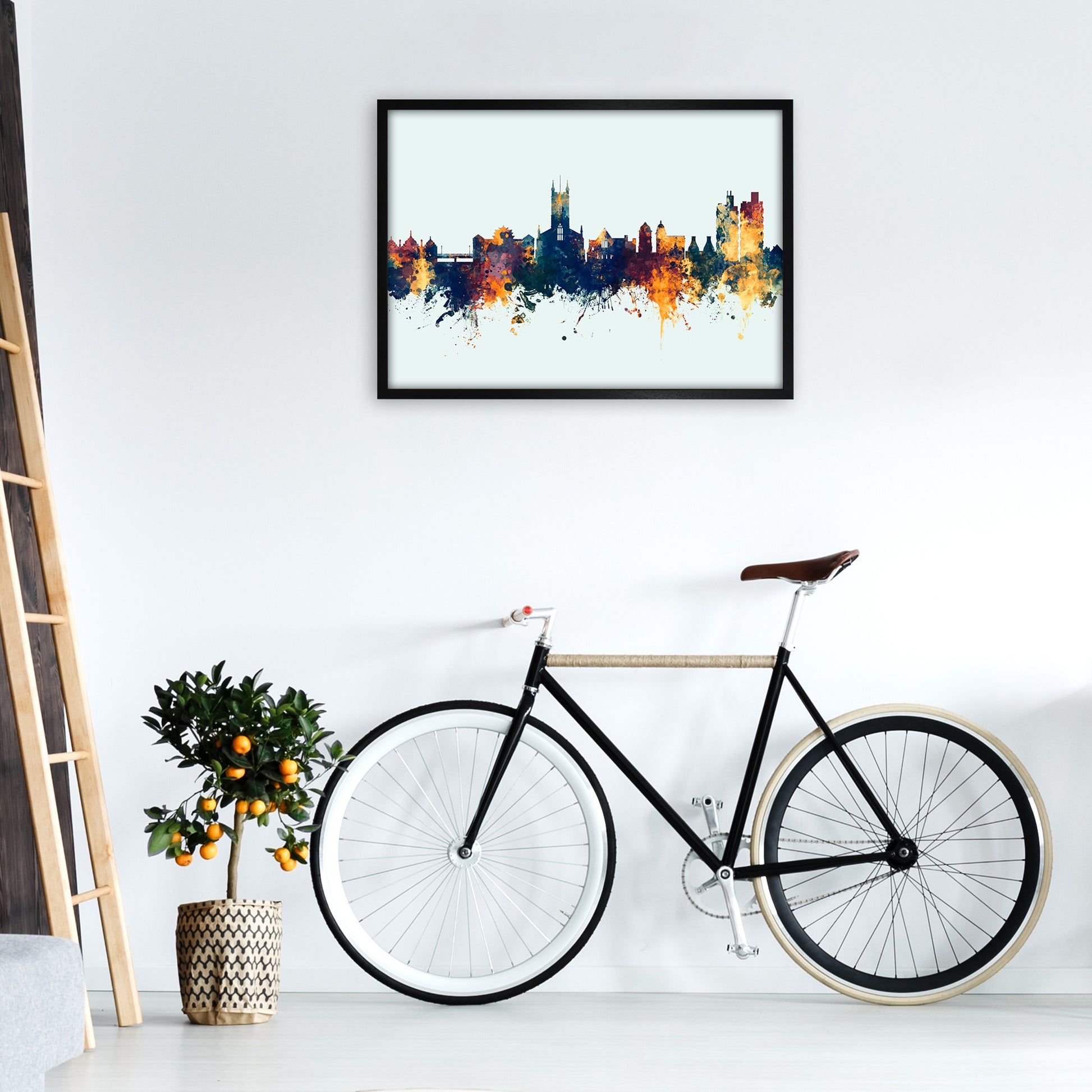 Stoke-On-Trent England Skyline Blue Orange Art Print by Michael Tompsett A1 White Frame