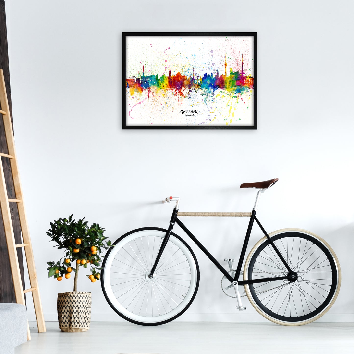 Stuttgart Germany Skyline Splash Art Print by Michael Tompsett A1 White Frame
