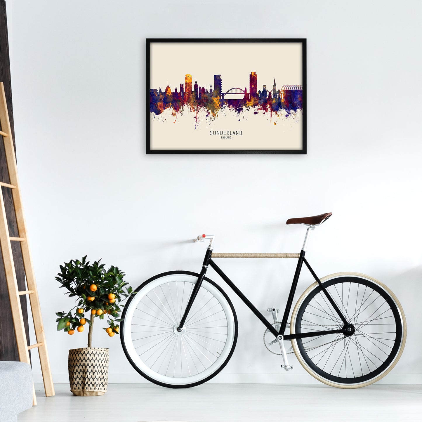 Sunderland England Skyline Autumn City Name Art Print by Michael Tompsett A1 White Frame