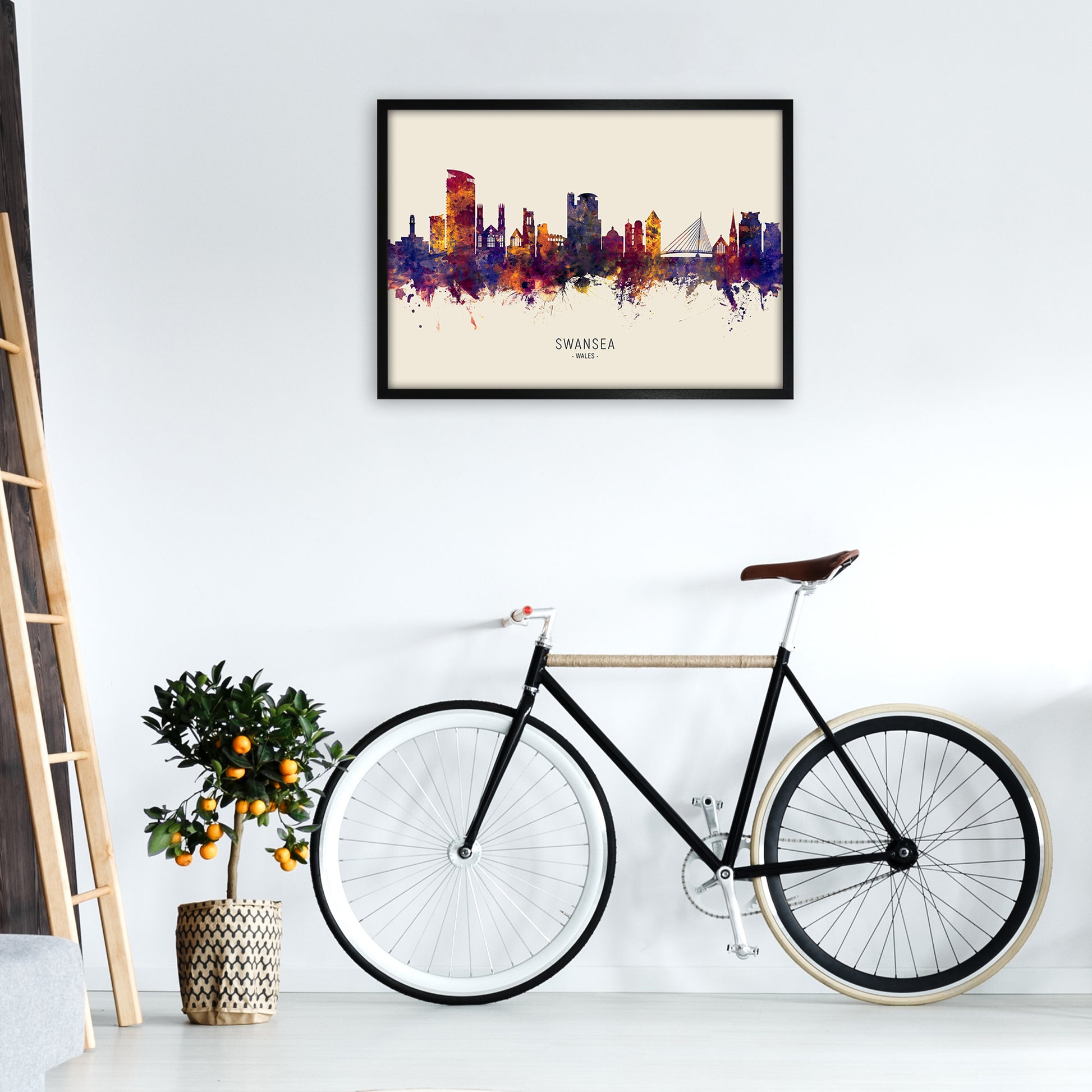 Swansea Wales Skyline Autumn City Name Art Print by Michael Tompsett A1 White Frame