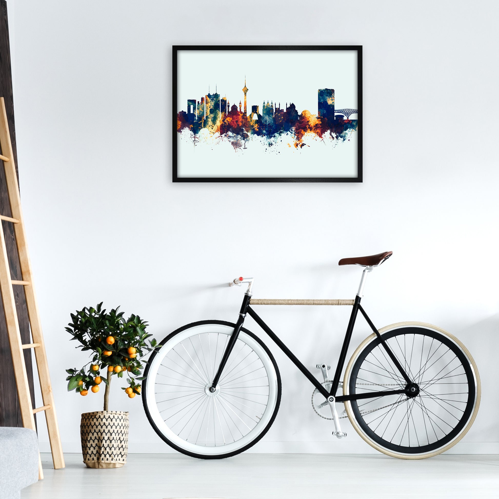 Tehran Iran Skyline Blue Orange Art Print by Michael Tompsett A1 White Frame