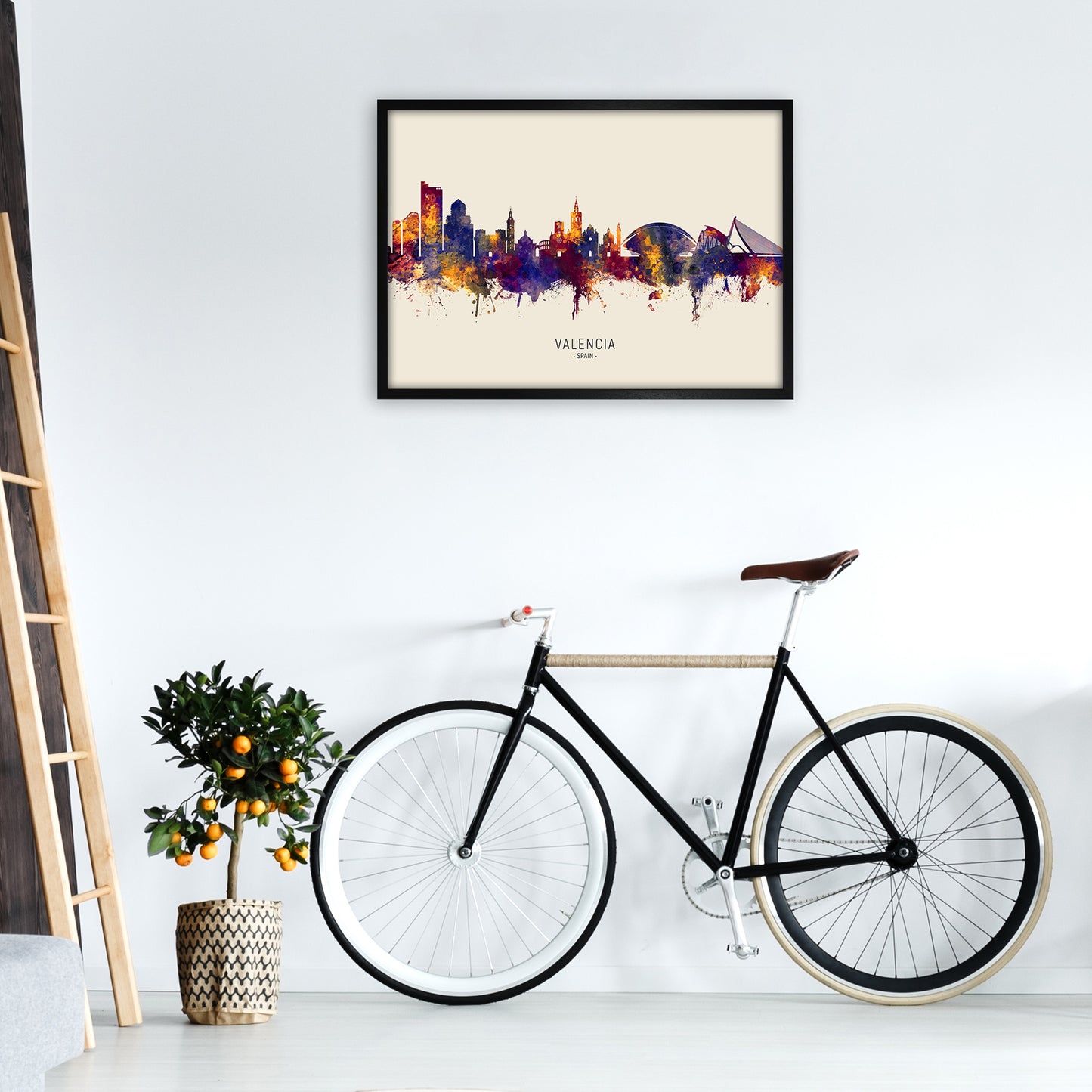 Valencia Spain Skyline Autumn City Name Art Print by Michael Tompsett A1 White Frame