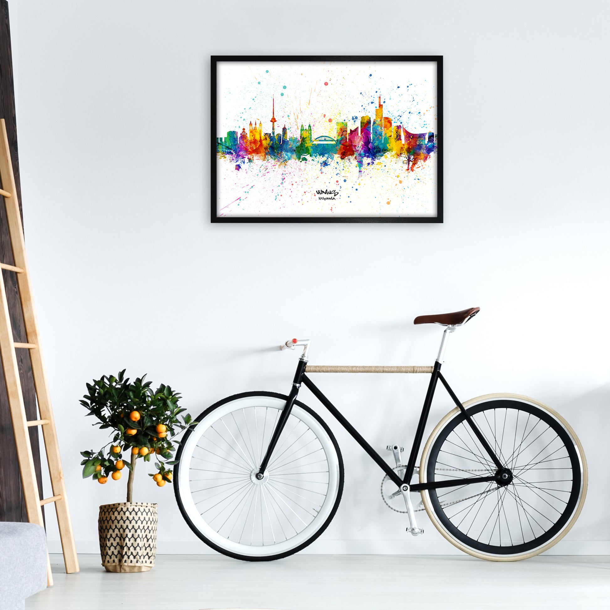 Vilnius Lithuania Skyline Splash Art Print by Michael Tompsett A1 White Frame