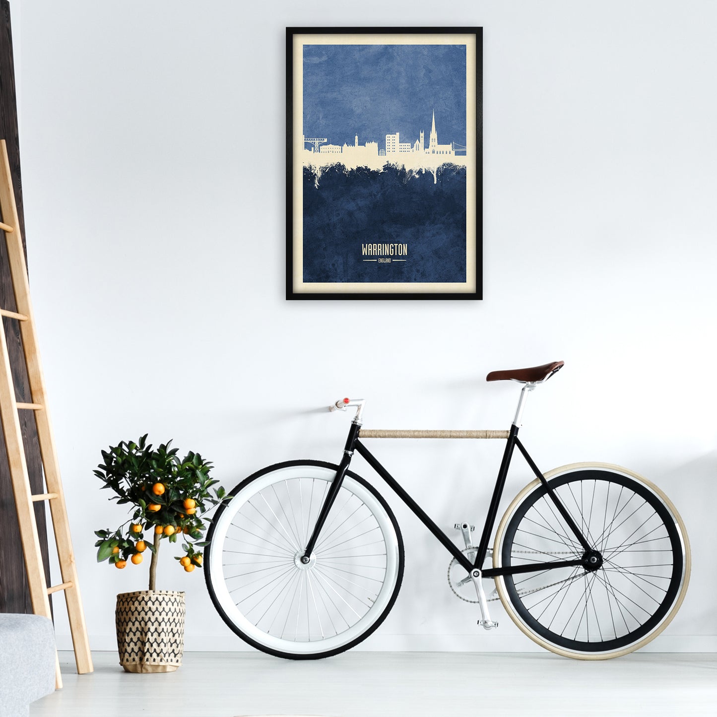 Warrington England Skyline Portrait Navy Art Print by Michael Tompsett A1 White Frame
