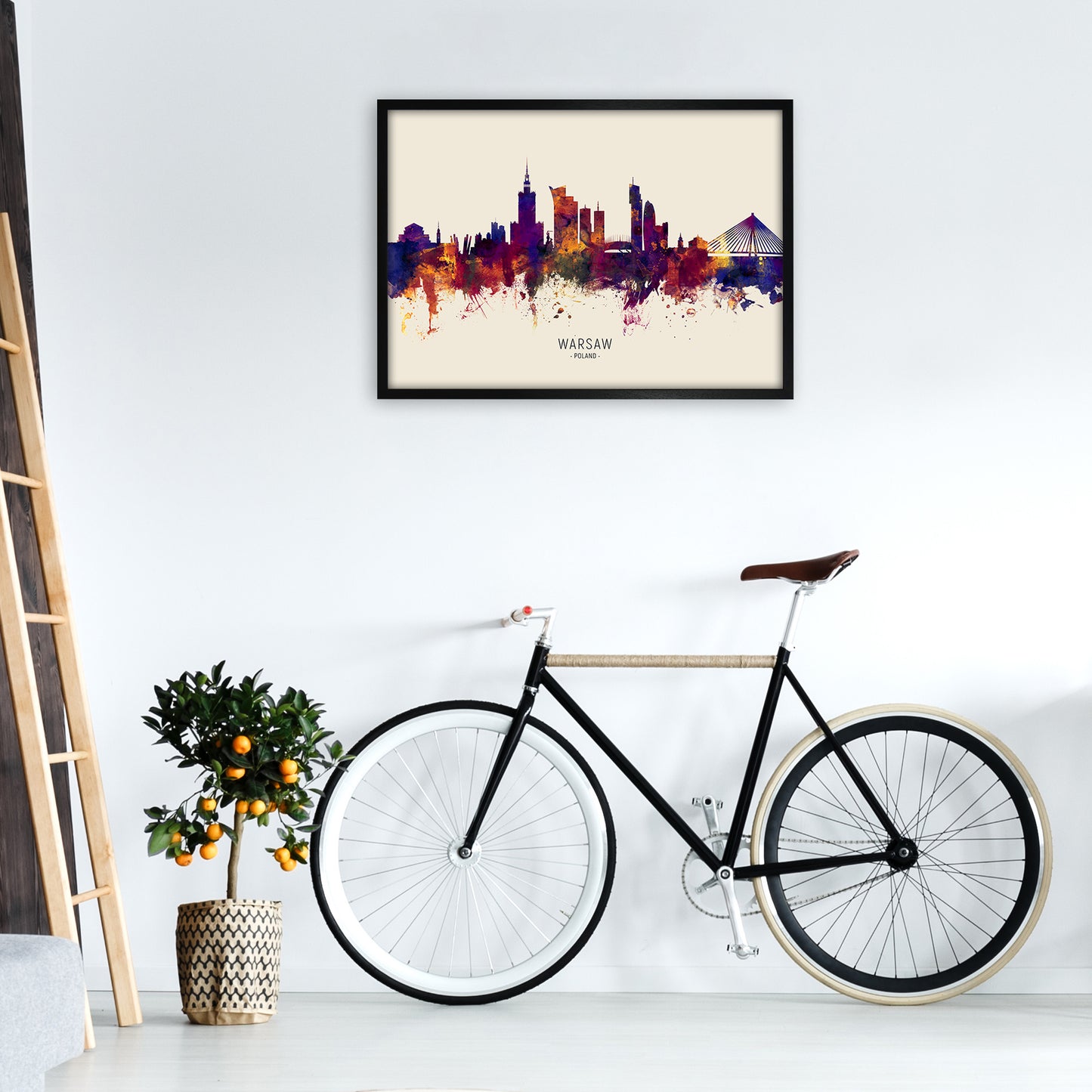 Warsaw Poland Skyline Autumn City Name Art Print by Michael Tompsett A1 White Frame