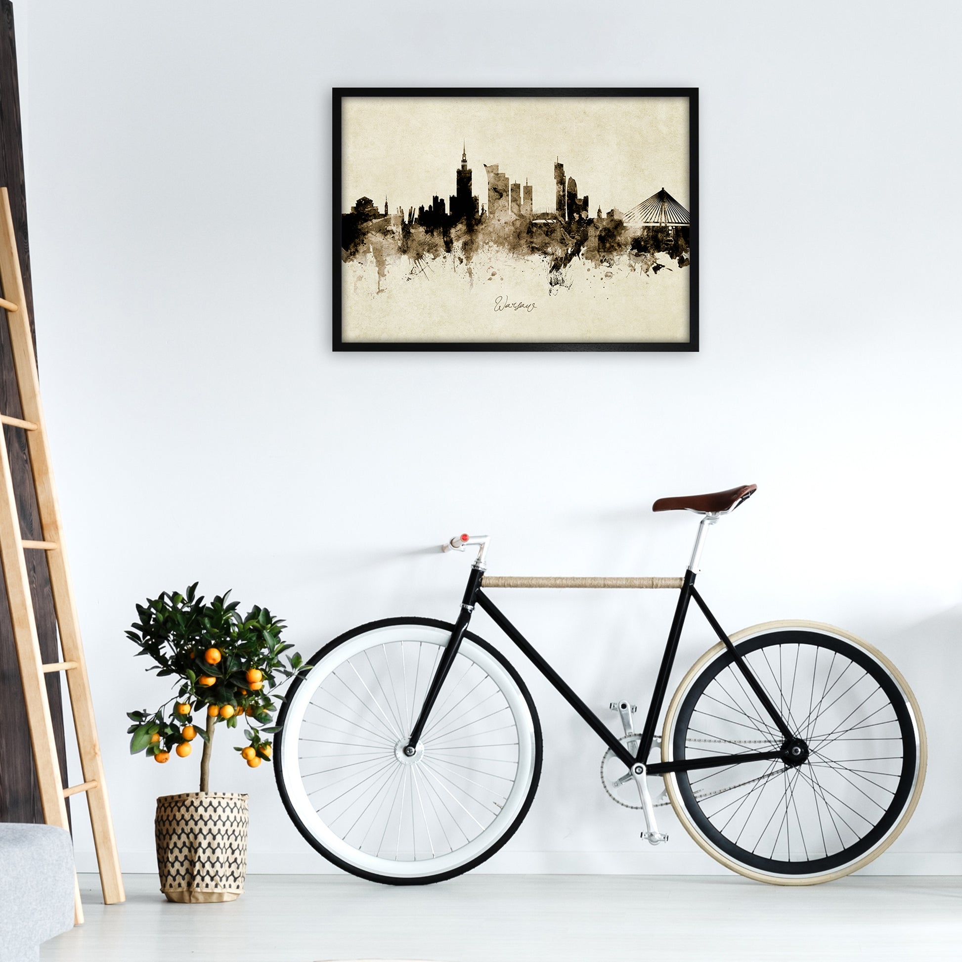 Warsaw Poland Skyline Vintage Art Print by Michael Tompsett A1 White Frame