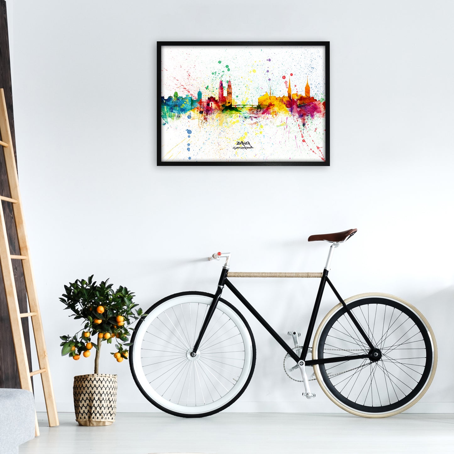 Zurich Switzerland Skyline Splash Art Print by Michael Tompsett A1 White Frame