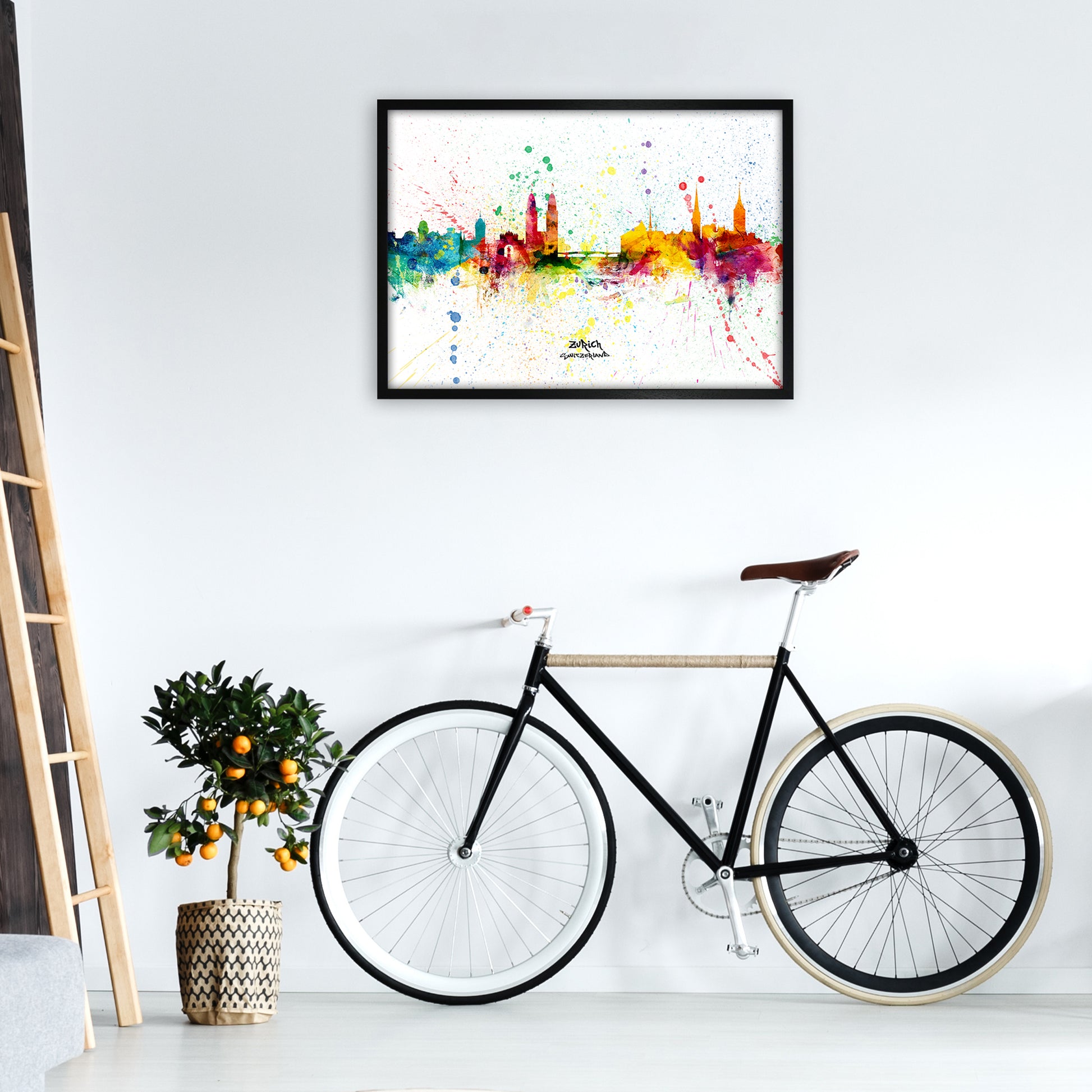 Zurich Switzerland Skyline Splash Art Print by Michael Tompsett A1 White Frame