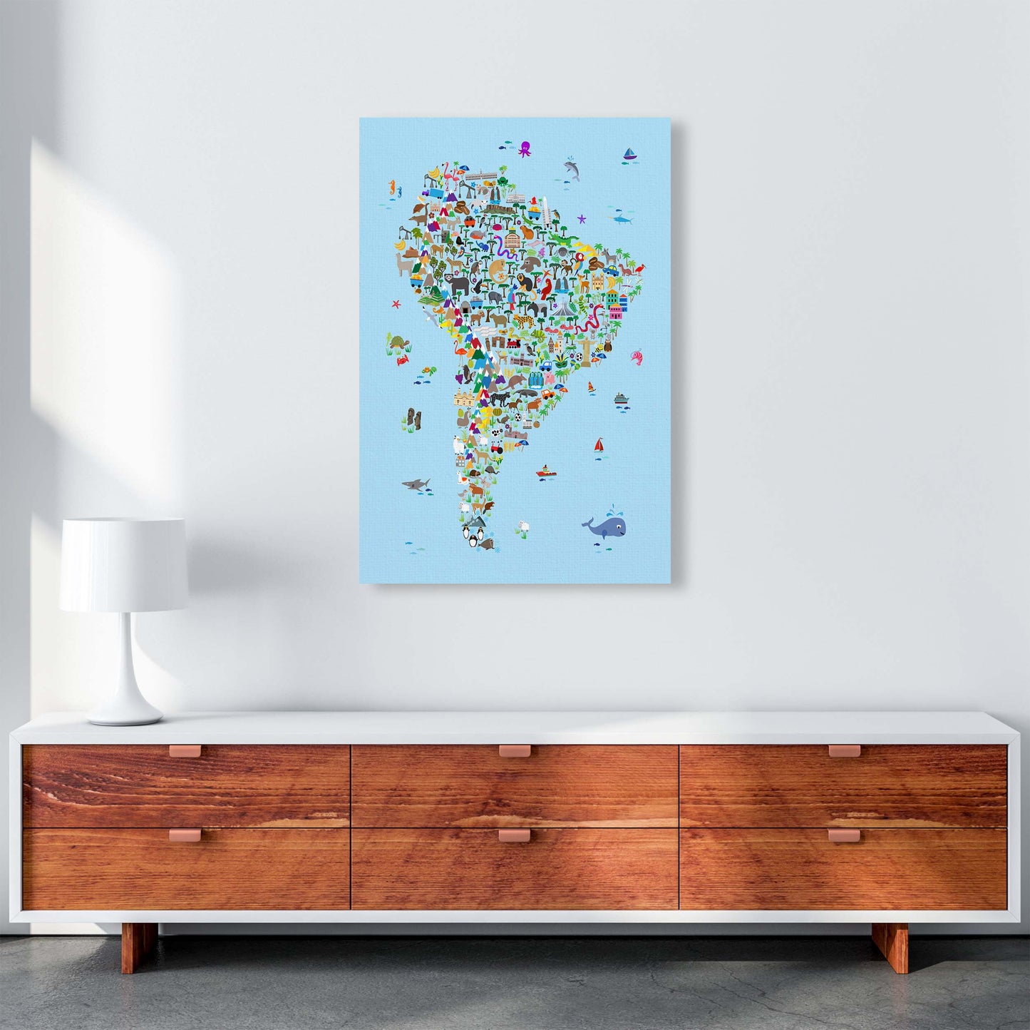 Animal Map of South America Blue Print by Michael Tompsett A1 Canvas
