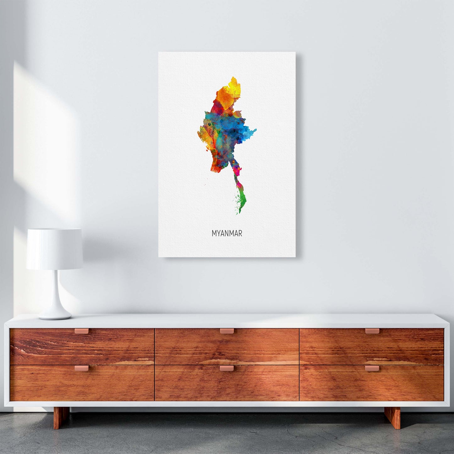 Myanmar Watercolour Map Art Print by Michael Tompsett A1 Canvas