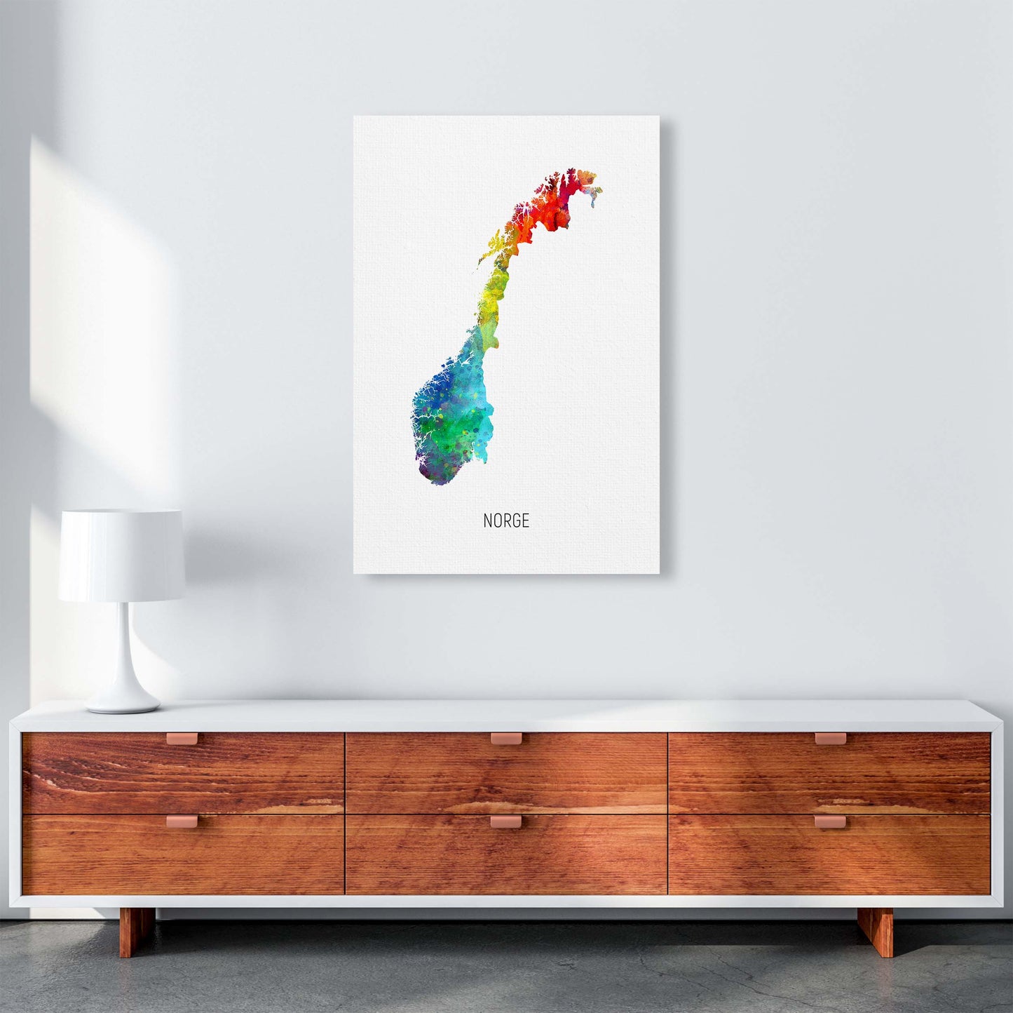 Norge Watercolour Map Art Print by Michael Tompsett A1 Canvas