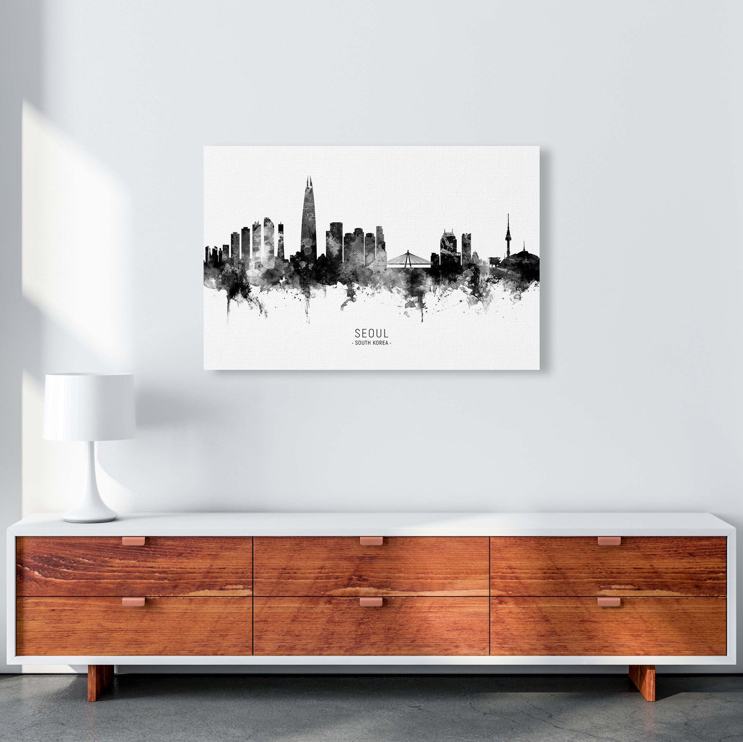 Seoul South Korea Skyline Black White City Name  by Michael Tompsett A1 Canvas