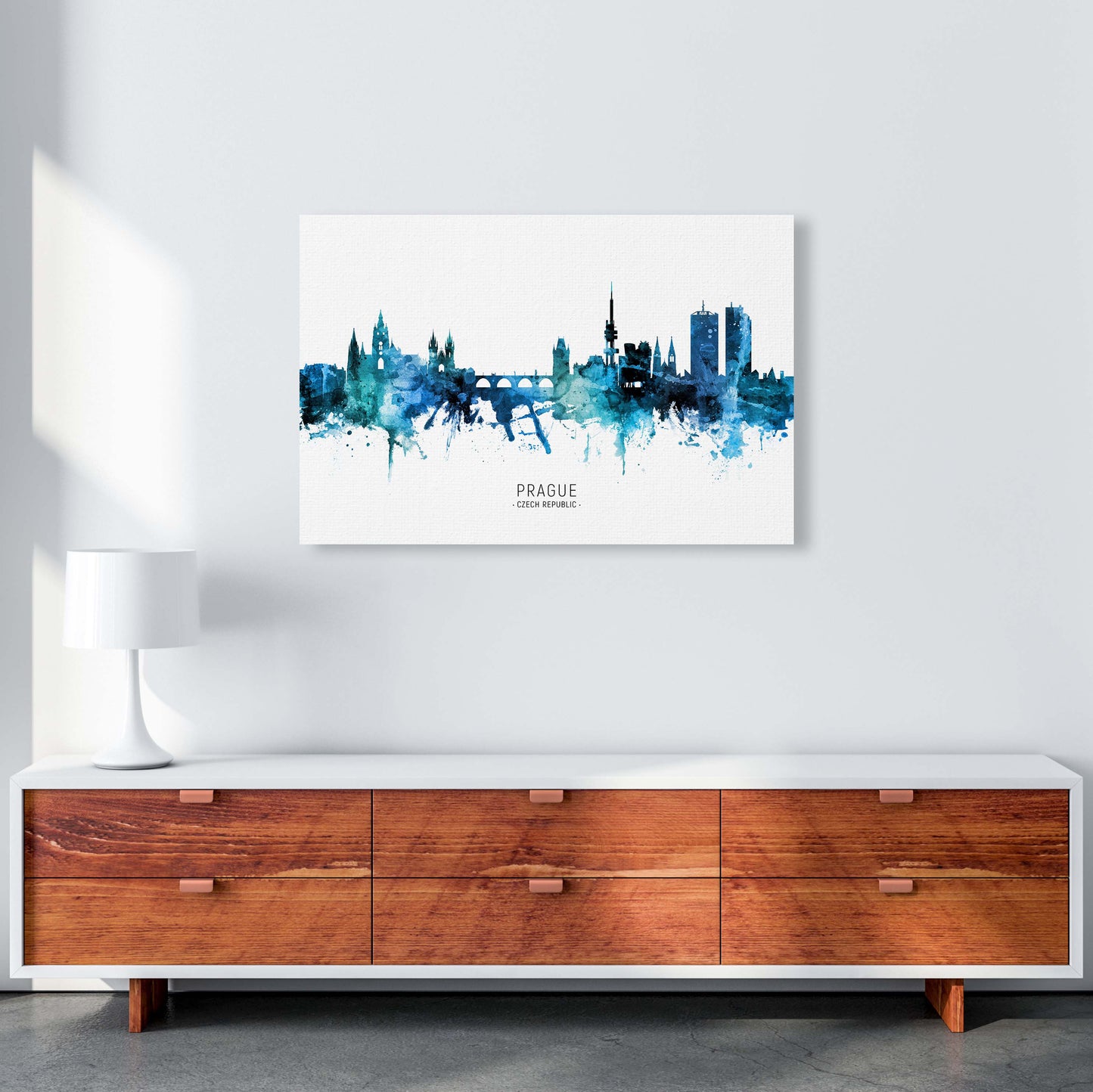 Prague Czech Republic Skyline Blue City Name  by Michael Tompsett A1 Canvas