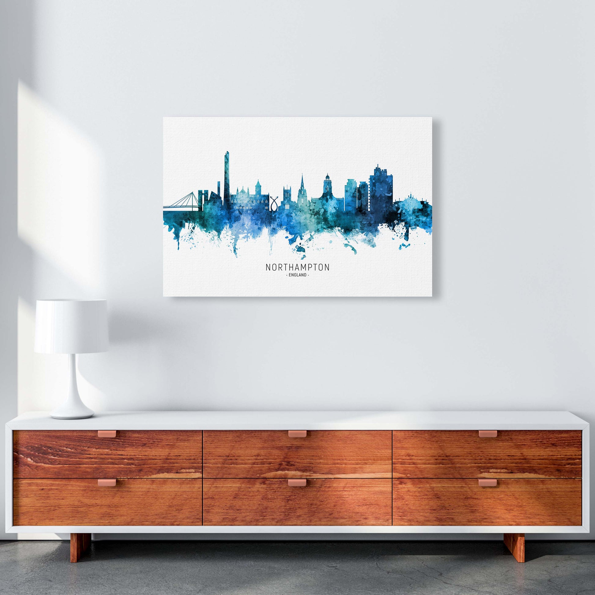 Northampton England Skyline Blue City Name  by Michael Tompsett A1 Canvas