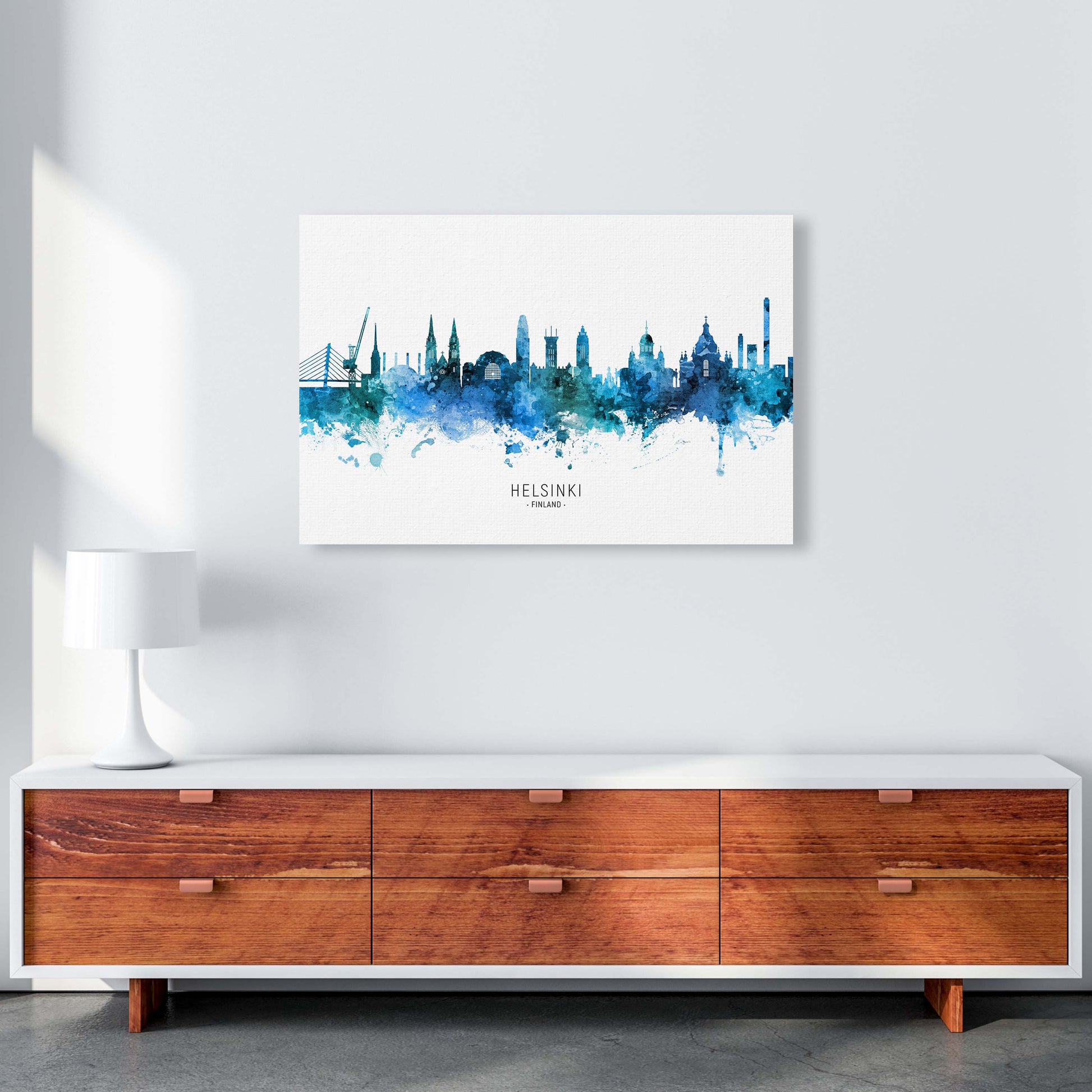 Helsinki Finland Skyline Blue City Name  by Michael Tompsett A1 Canvas
