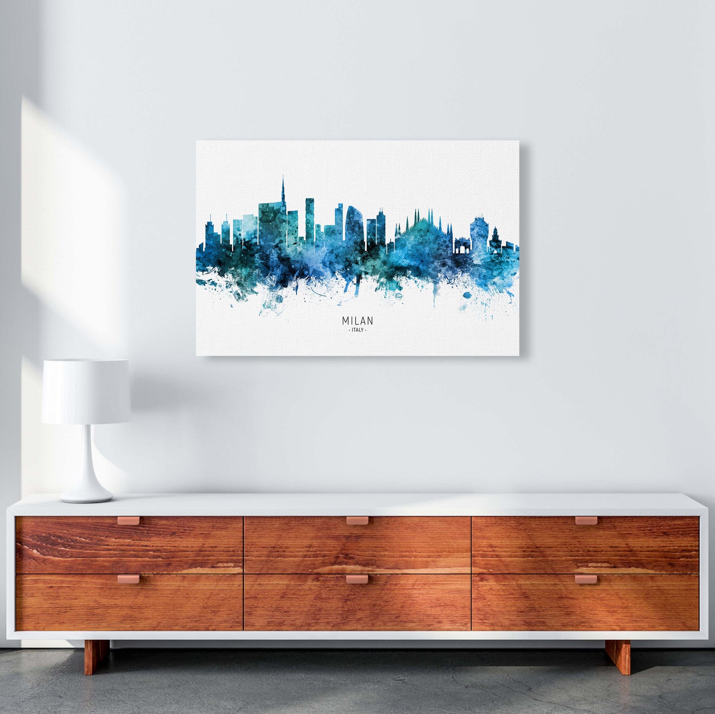 Milan Italy Skyline Blue City Name Print by Michael Tompsett A1 Canvas