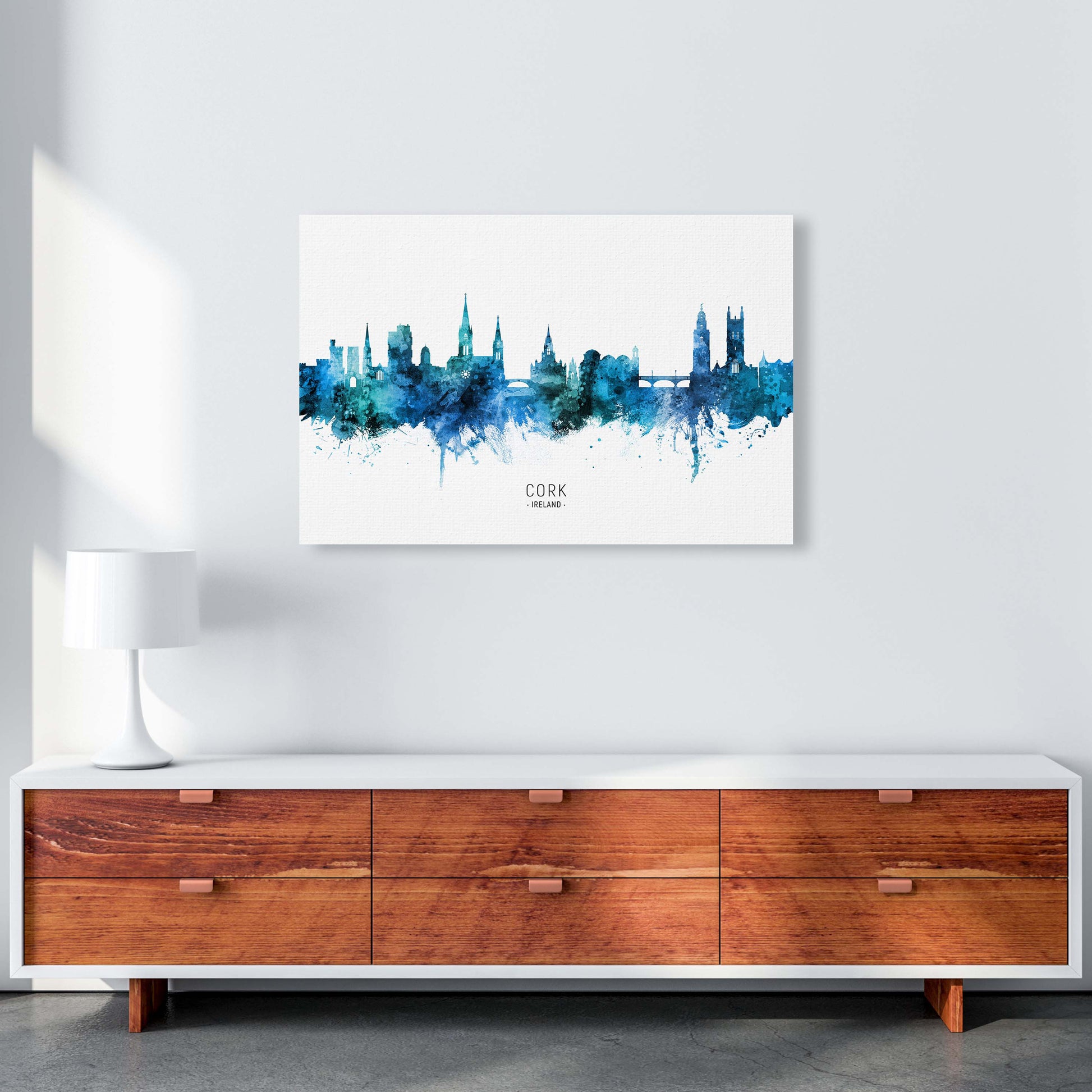 Cork Ireland Skyline Blue City Name Print by Michael Tompsett A1 Canvas