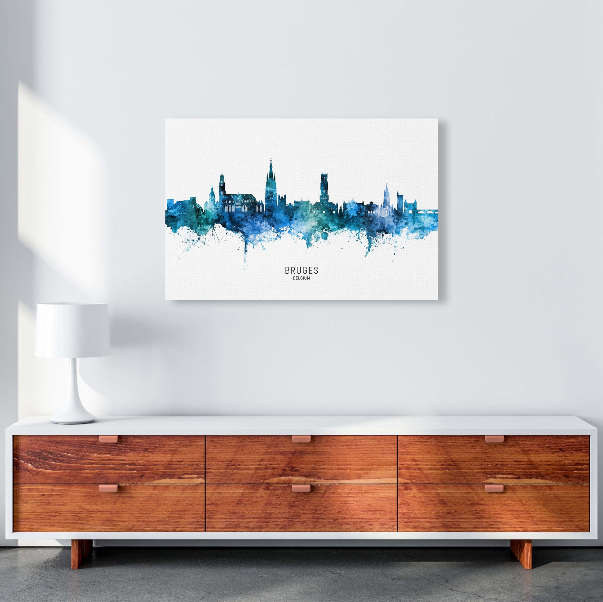 Bruges Belgium Skyline Blue City Name  by Michael Tompsett A1 Canvas