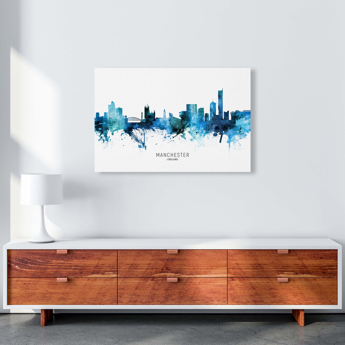 Manchester England Skyline Blue City Name by Michael Tompsett A1 Canvas