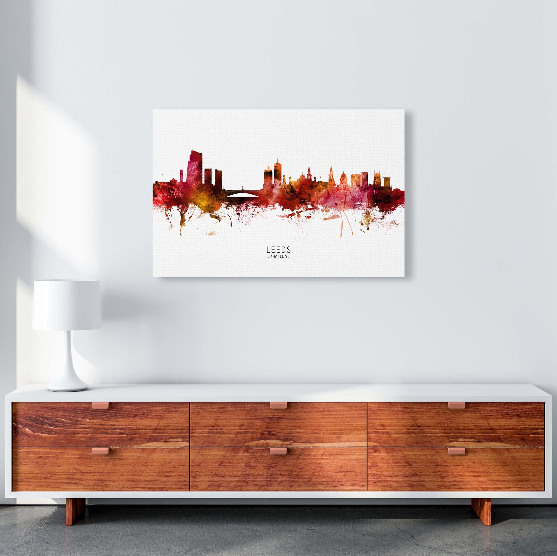 Leeds England Skyline Red City Name Print by Michael Tompsett A1 Canvas
