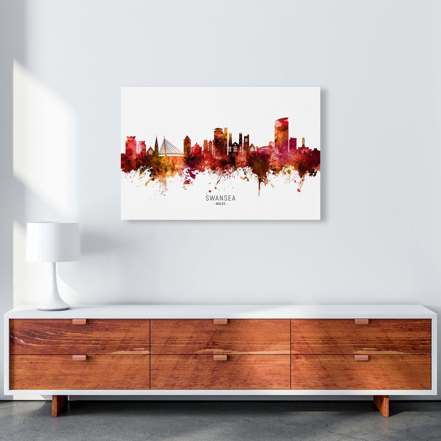 Swansea Wales Skyline Red City Name Print by Michael Tompsett A1 Canvas