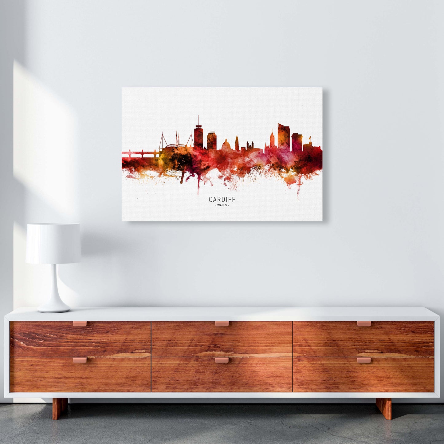 Cardiff Wales Skyline Red City Name Print by Michael Tompsett A1 Canvas