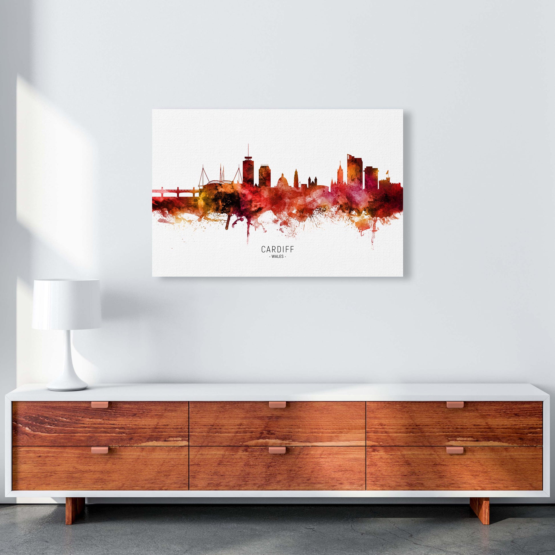 Cardiff Wales Skyline Red City Name Print by Michael Tompsett A1 Canvas