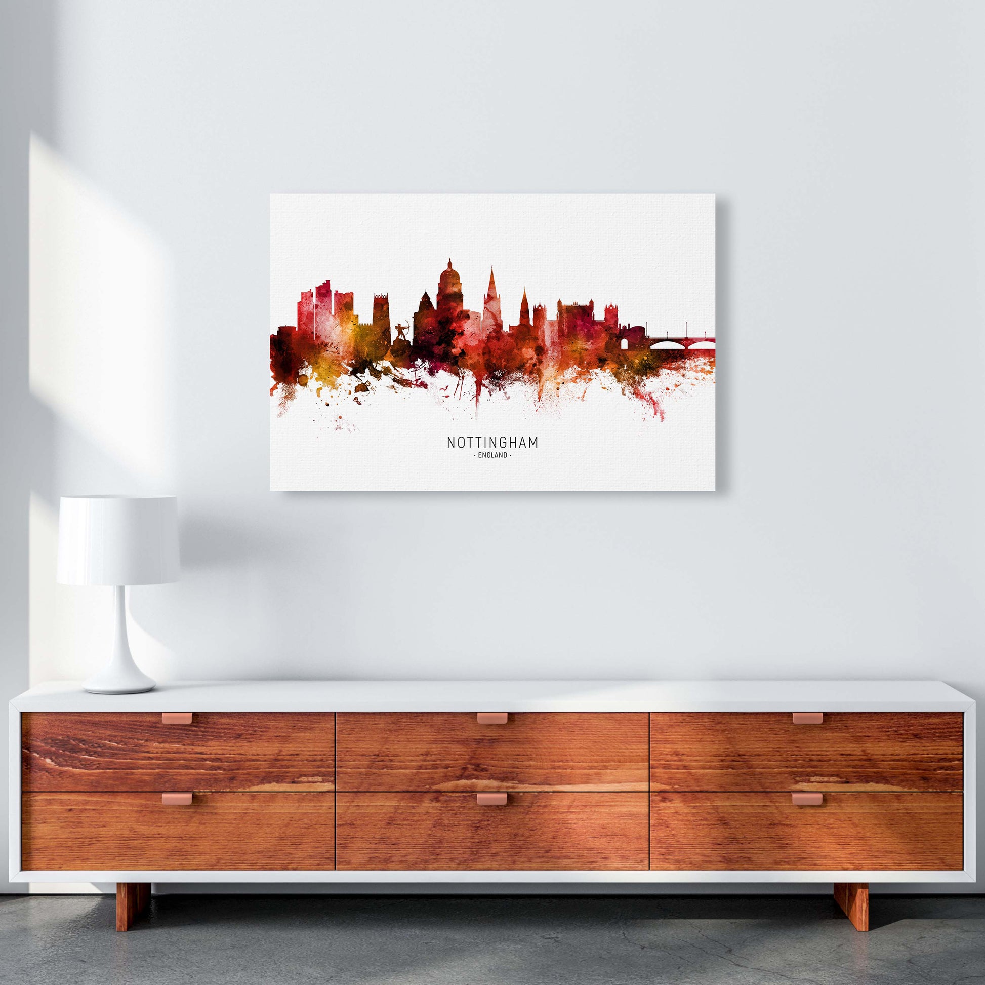 Nottingham England Skyline Red City Name  by Michael Tompsett A1 Canvas