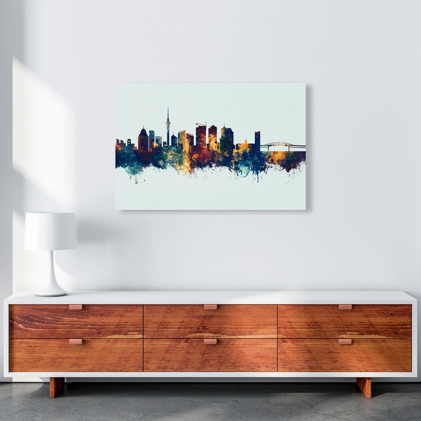 Auckland New Zealand Skyline Blue Orange Art Print by Michael Tompsett A1 Canvas